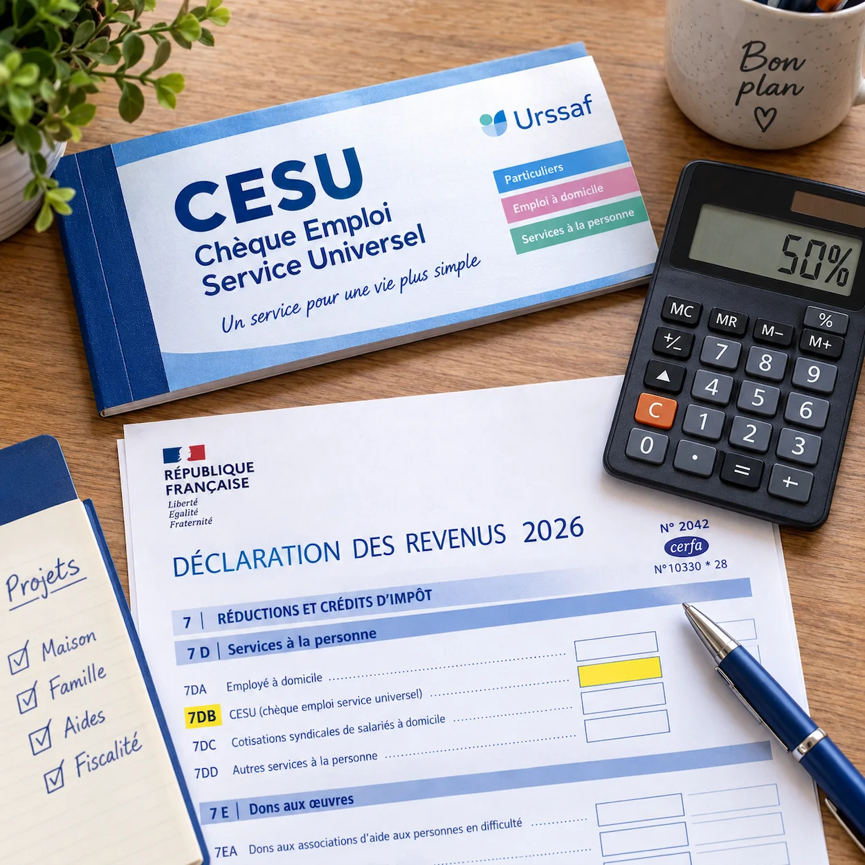 Carnet CESU, calculatrice affichant 50%, formulaire fiscal case 7DB surlignée en jaune, plat lay bureau bois