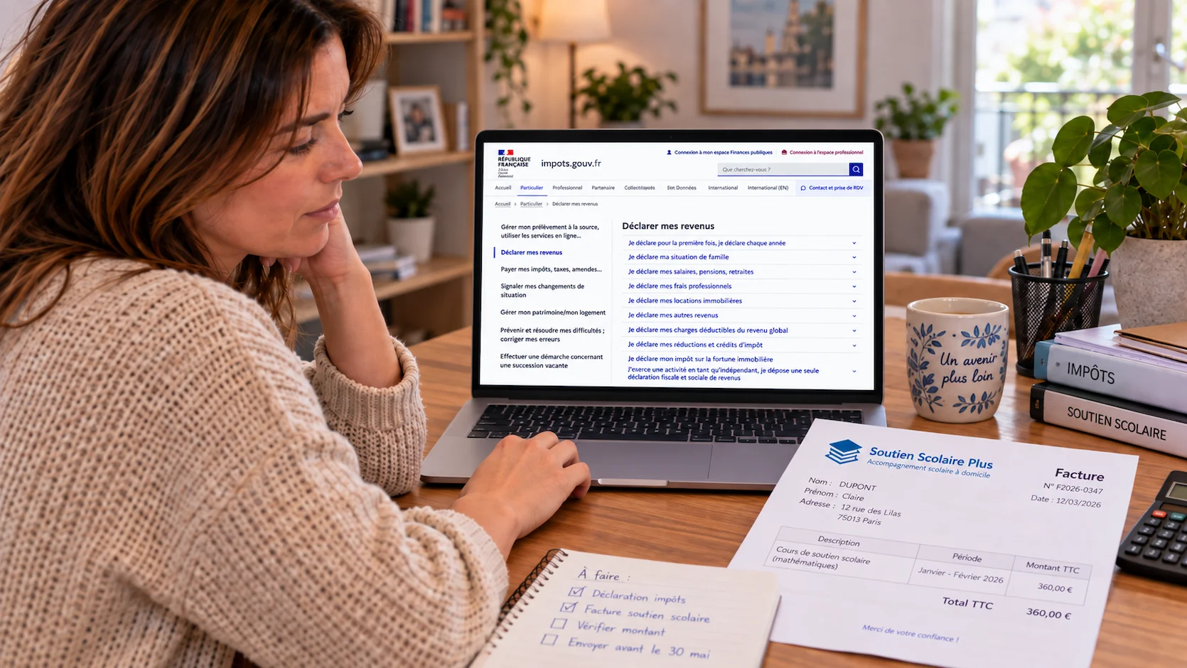 Parent française remplissant la déclaration de revenus en ligne sur impots.gouv.fr avec facture de soutien scolaire