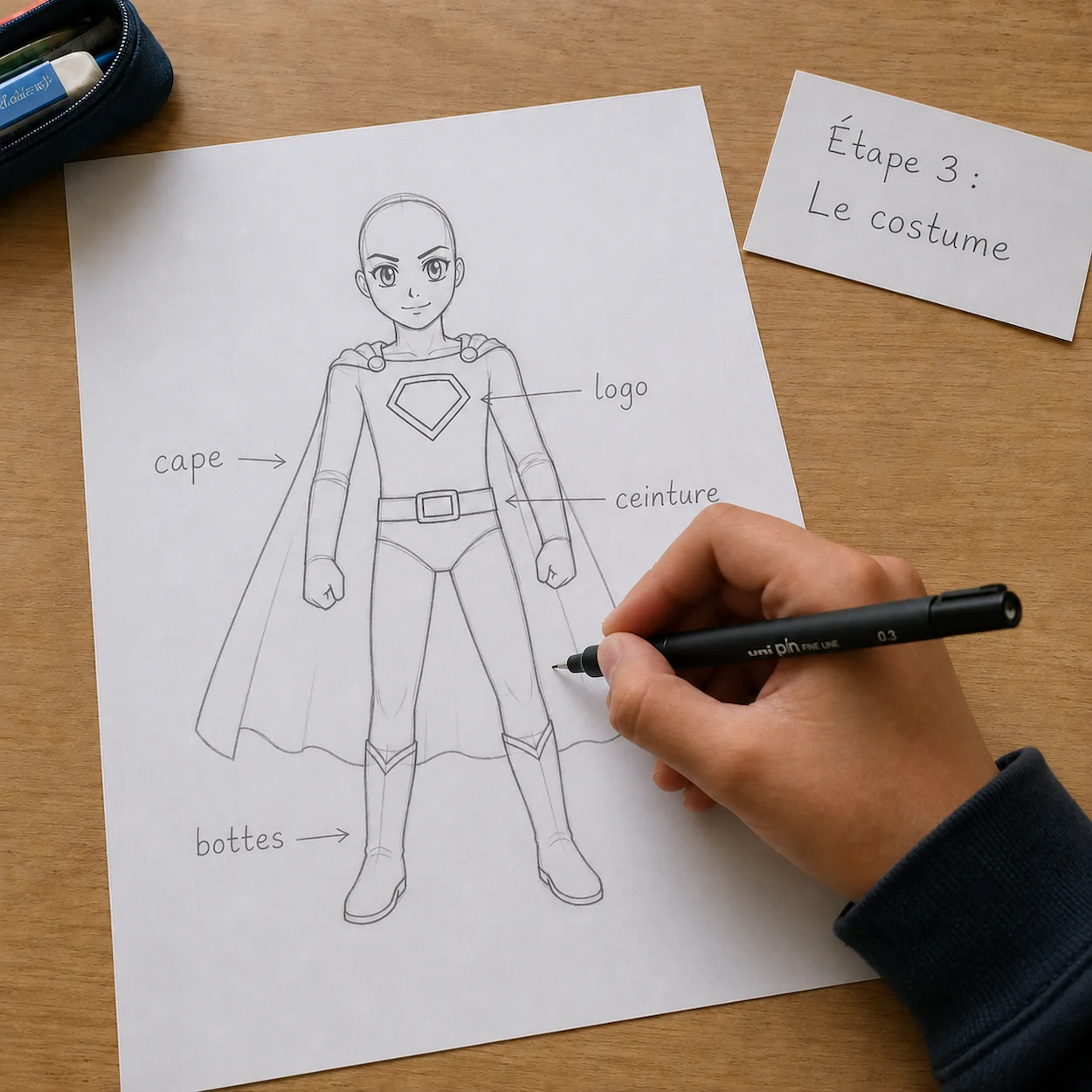 Étape 3 : personnage BD avec costume complet dessiné au crayon et fineliner — cape, logo sur la poitrine, ceinture et bottes, annotations en français