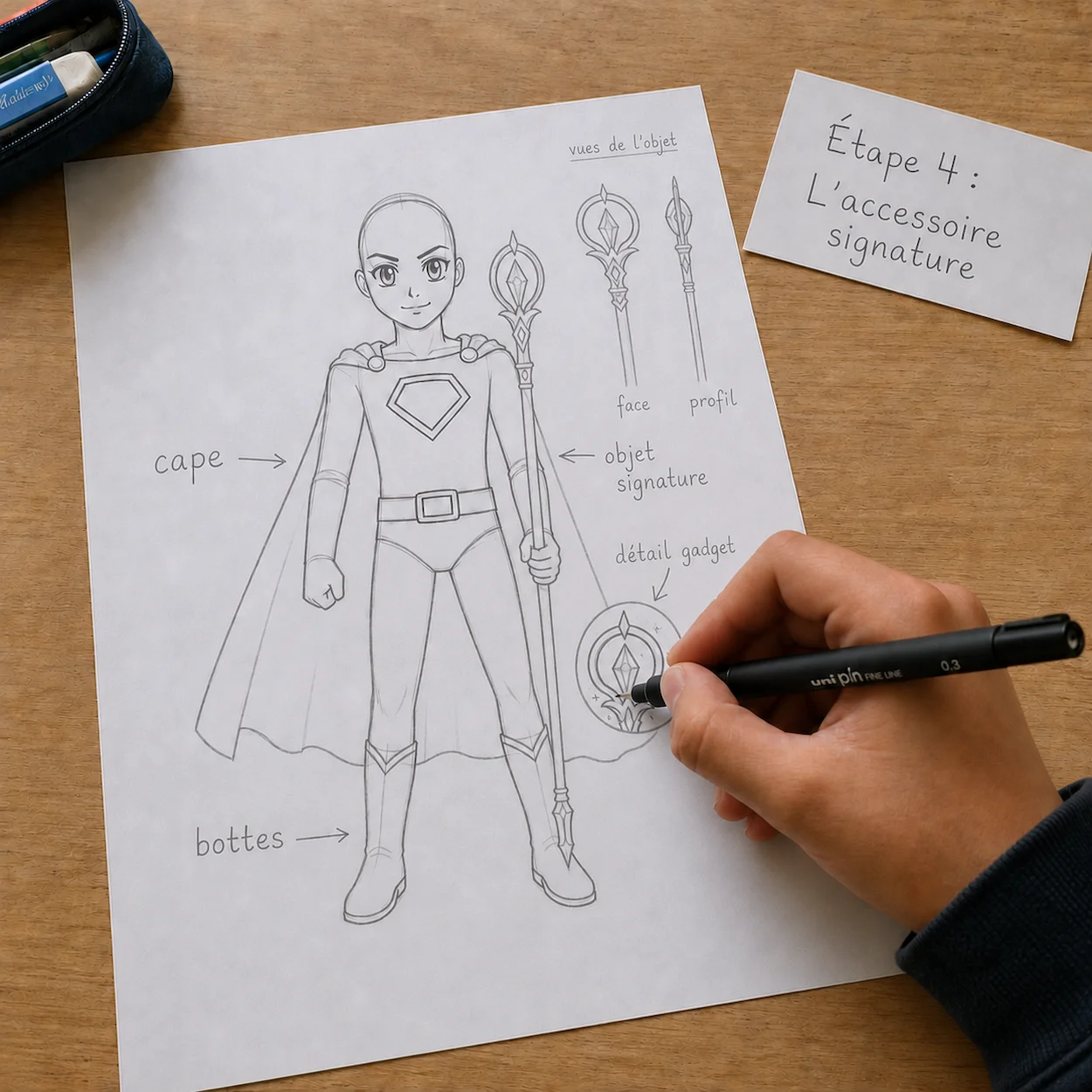 Étape 4 : personnage BD tenant son accessoire signature, avec des croquis secondaires montrant l'objet sous différents angles, annotations en français