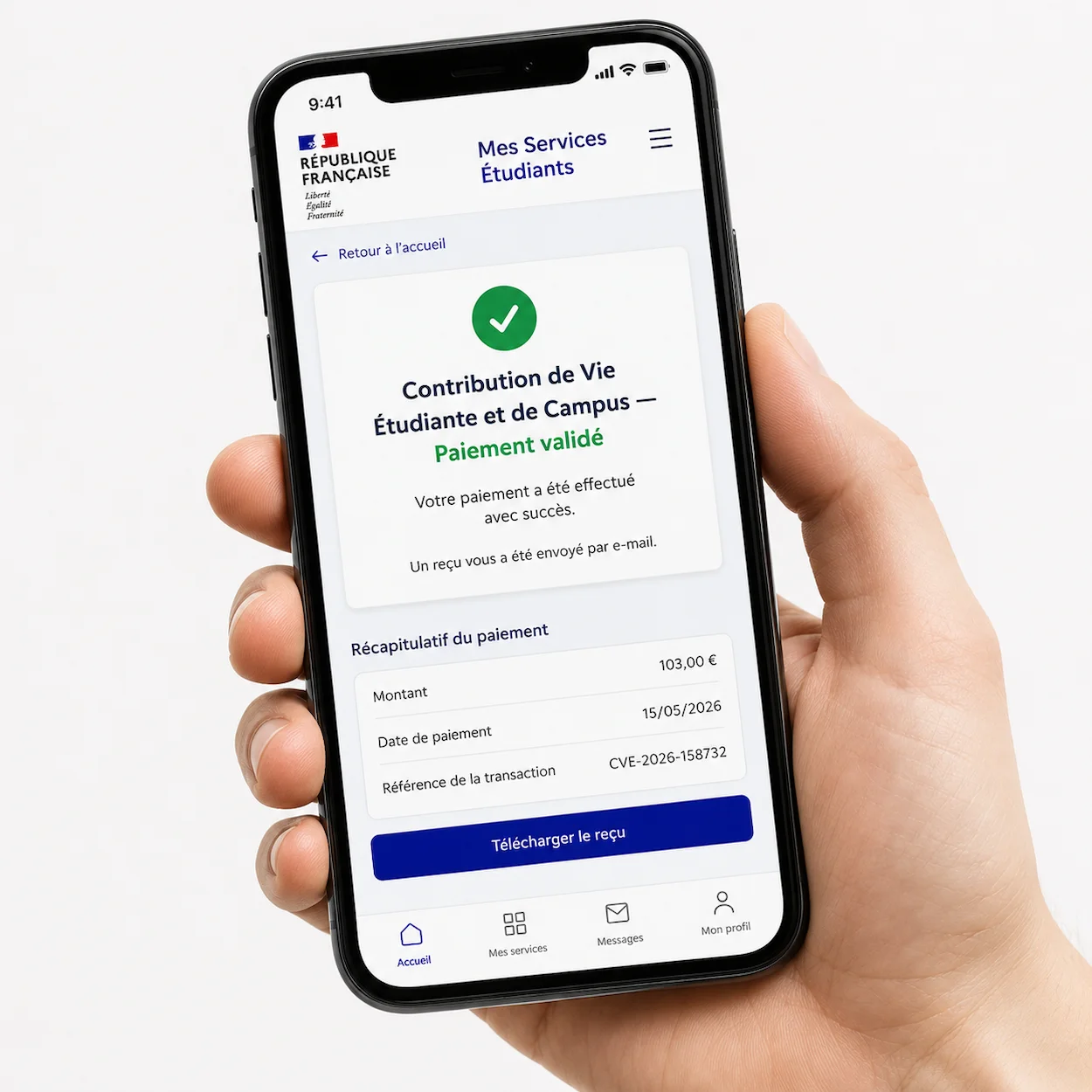 Main tenant un smartphone affichant la page de confirmation de paiement de la Contribution de Vie Étudiante et de Campus sur le portail Mes Services Étudiants avec une coche verte