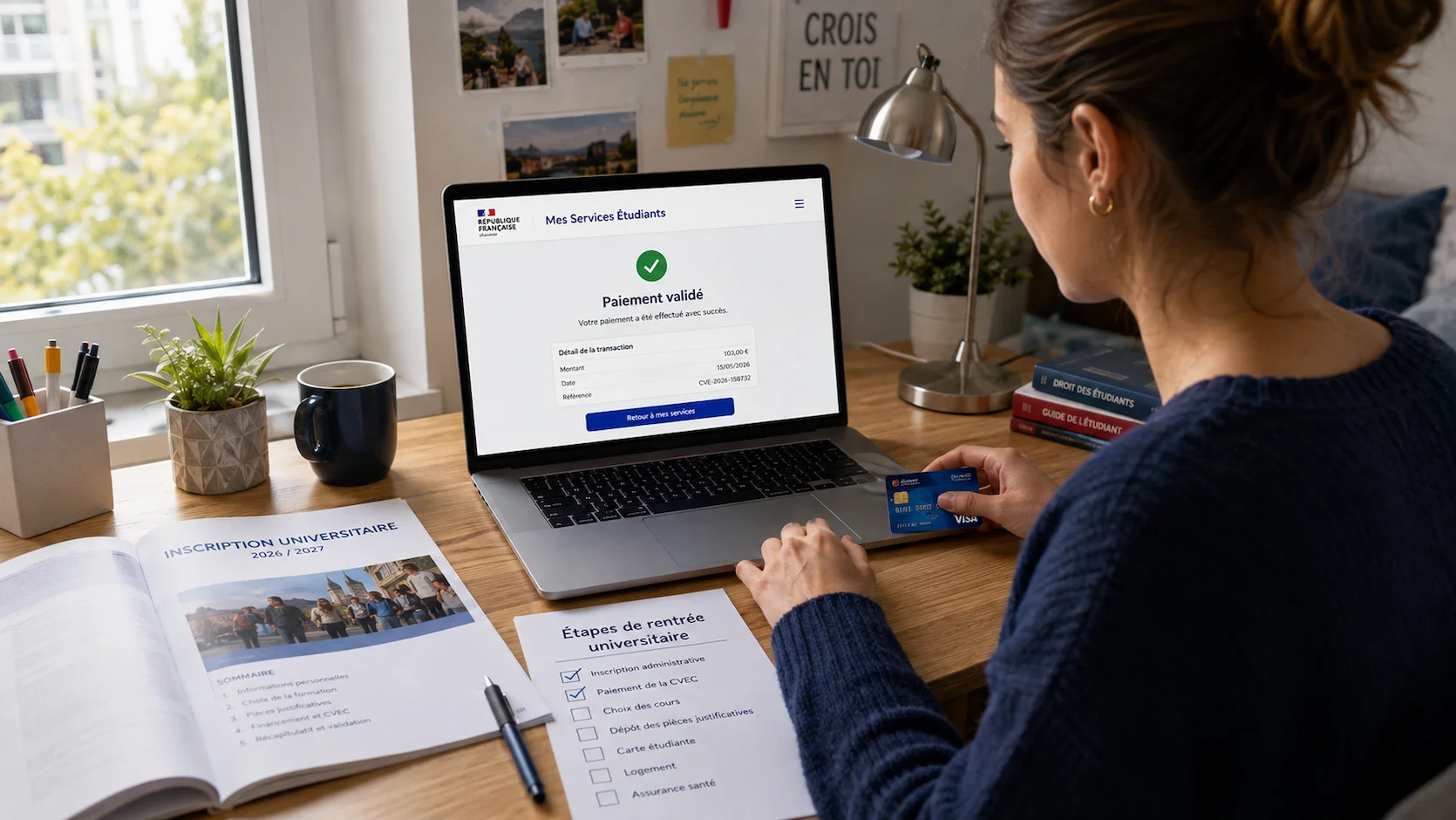 Étudiante française de 21 ans payant sa CVEC en ligne avec une carte bancaire sur son ordinateur portable, dossier d'inscription universitaire et checklist des étapes de rentrée posés sur le bureau