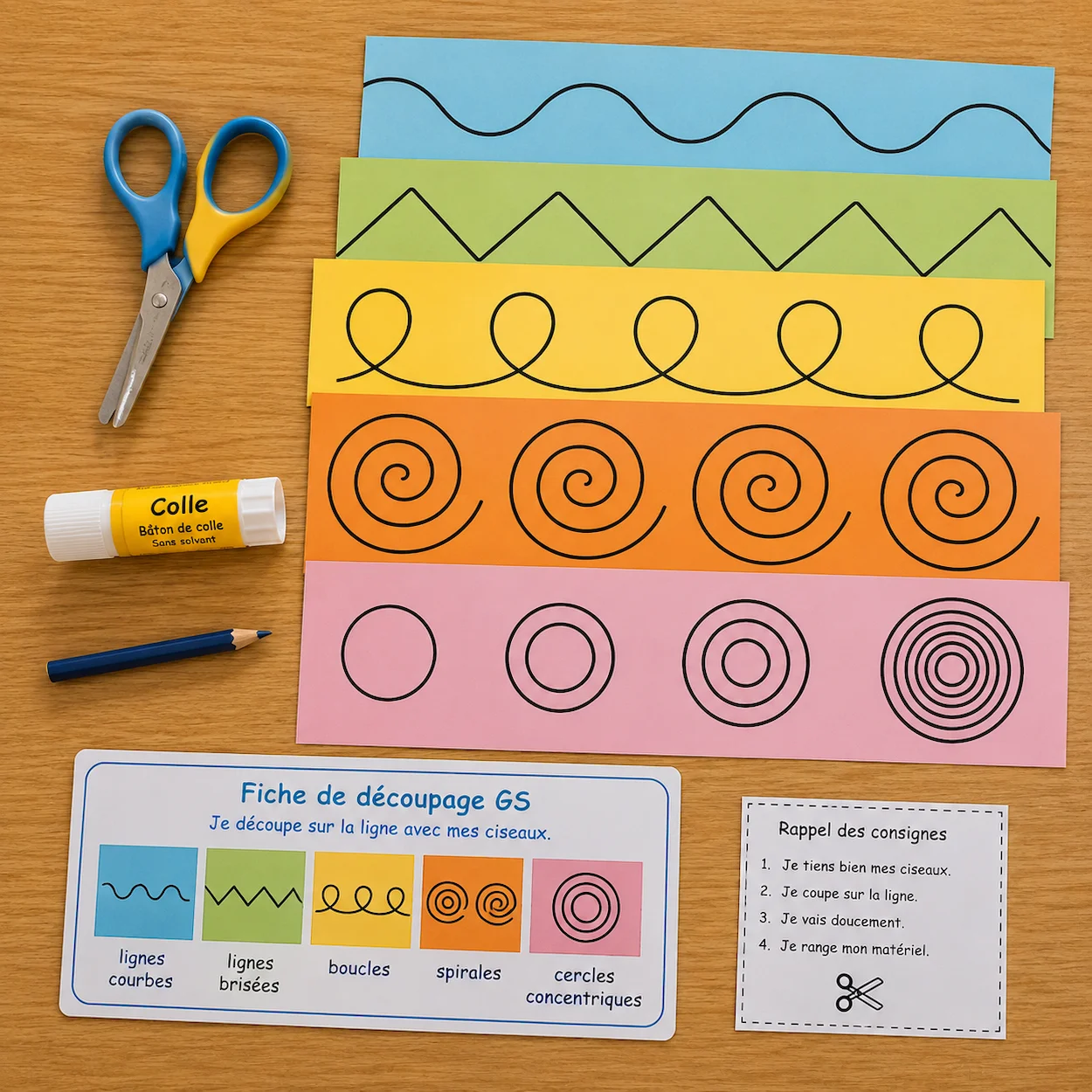 Flat-lay vue de dessus du matériel pour les exercices de découpage en Grande Section : paire de ciseaux de sécurité à bouts ronds, feuilles de papier coloré avec tracés épais (vagues, zigzags, spirales, cercles concentriques), bâton de colle, crayon et fiche de découpage GS