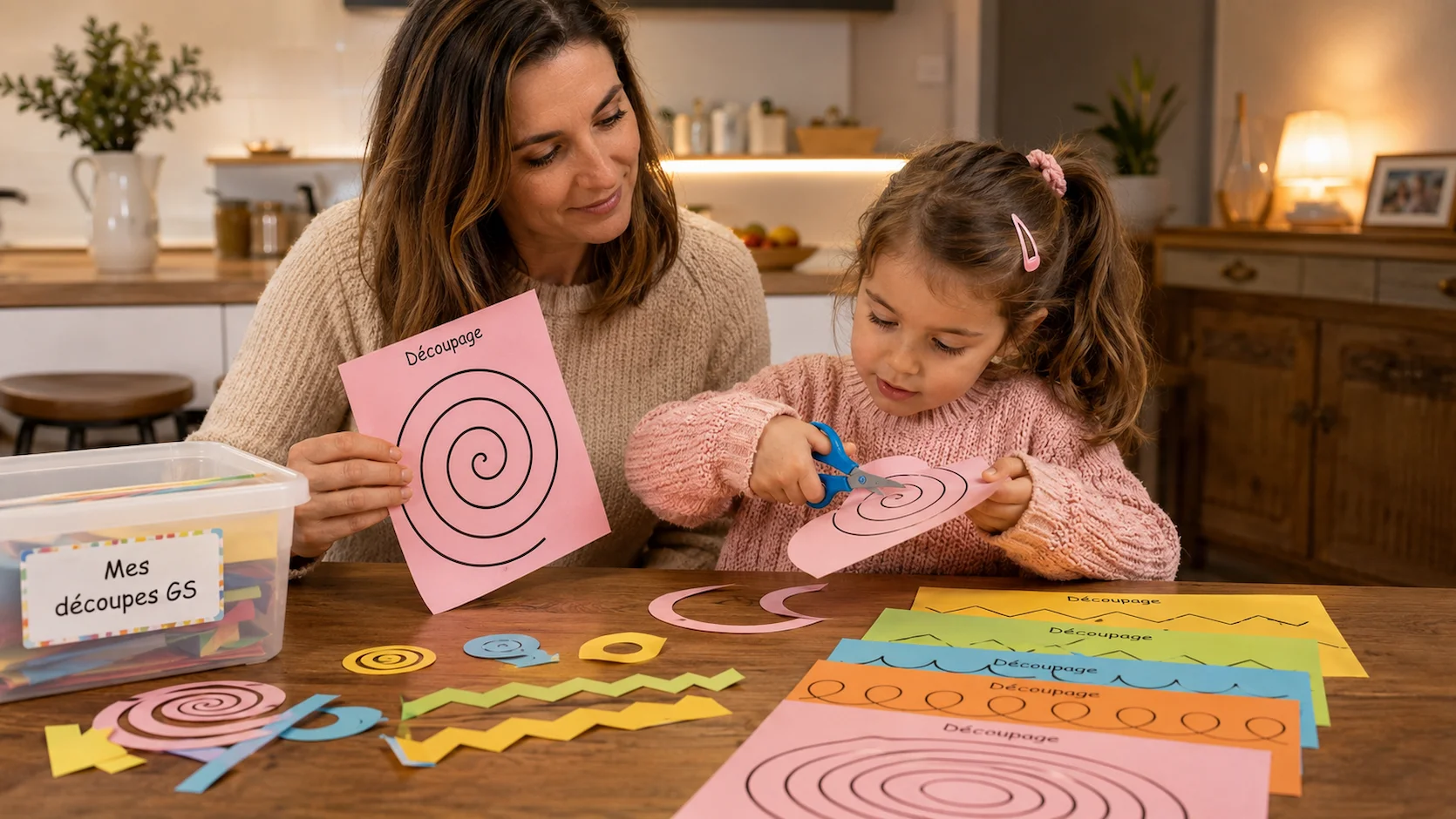 Une mère assise à une table de cuisine avec sa fille de 5 ans (Grande Section) qui découpe soigneusement le long d'une spirale imprimée sur papier avec des ciseaux de sécurité à bouts ronds. Des découpes colorées et des feuilles de découpage sont visibles sur la table.