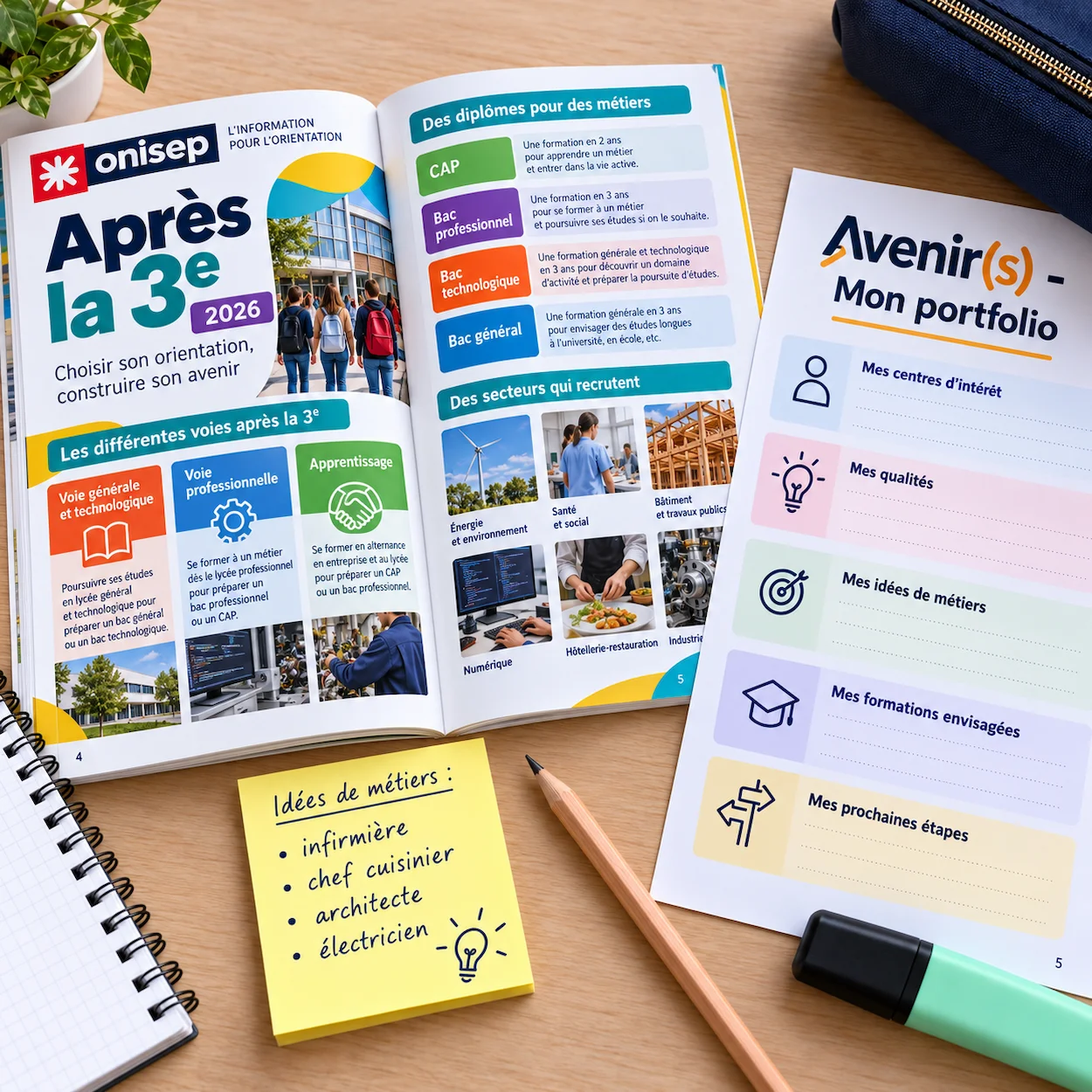 Flat-lay ressources orientation college : guide Onisep Apres la 3e, portfolio Avenirs, post-it metiers