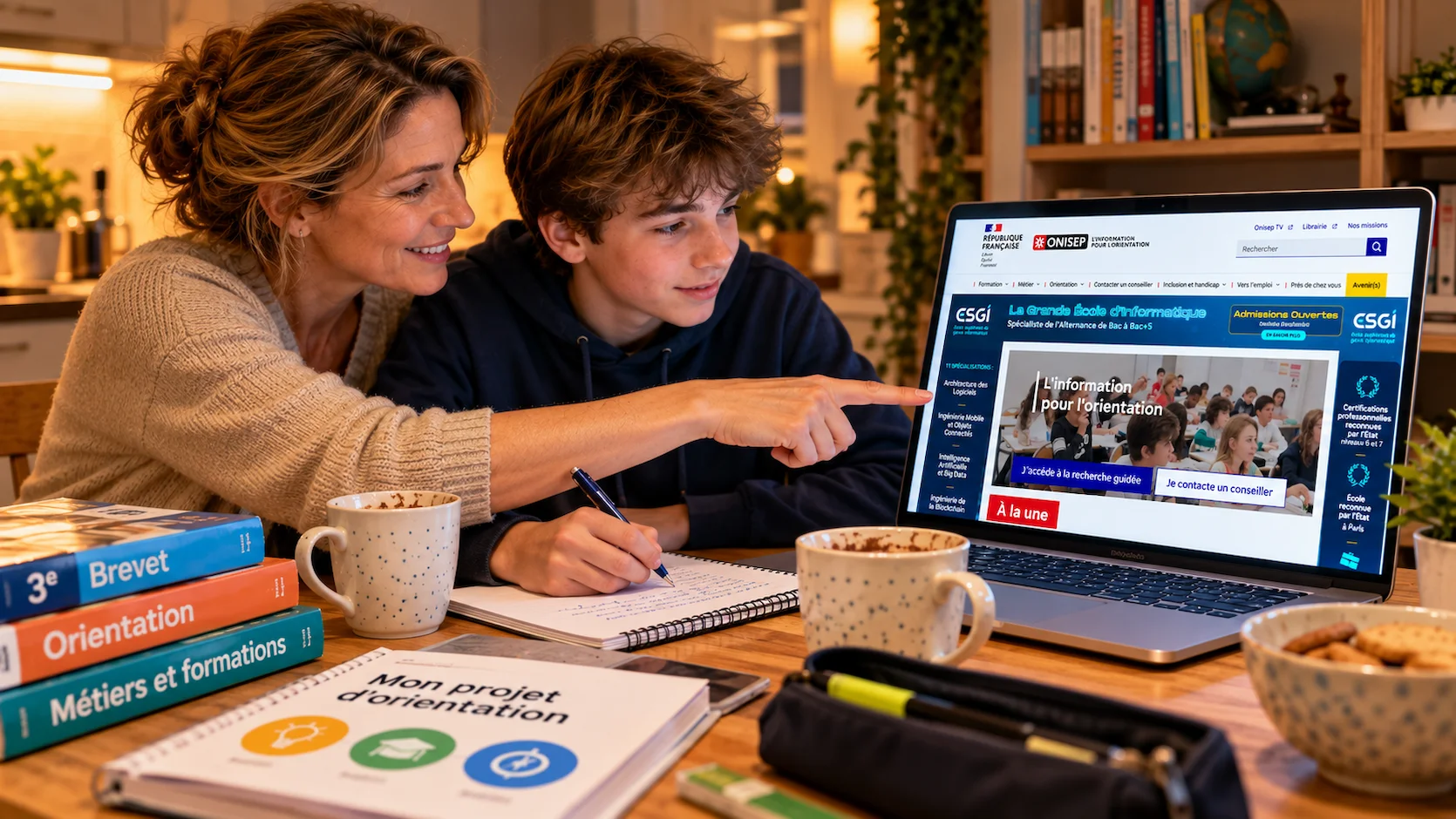 Mere et fils collegien explorent ensemble le site Onisep a la maison le soir