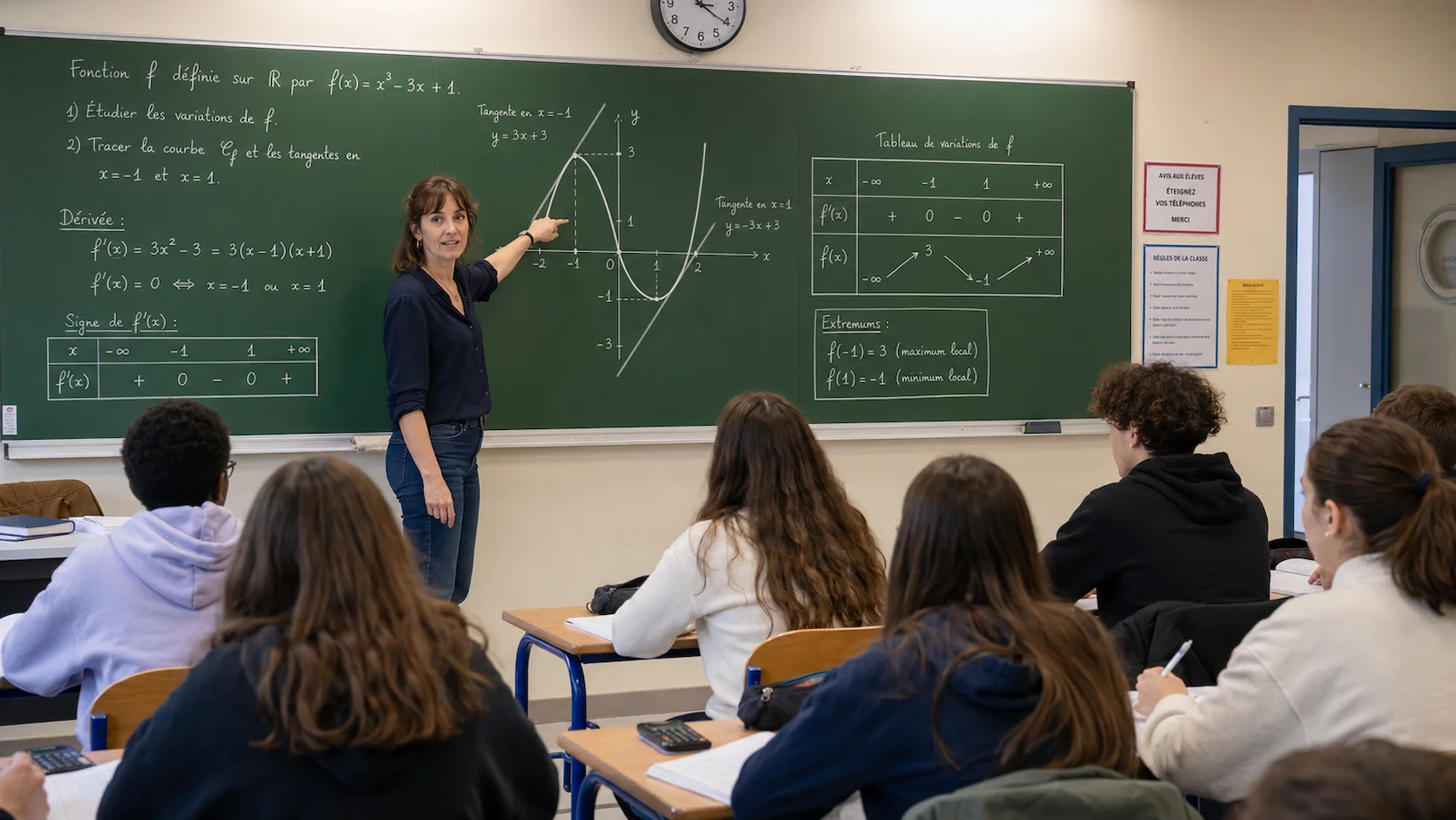 Professeur de maths au tableau traçant une courbe cubique avec tangentes et tableau de variations en français, lycéens attentifs