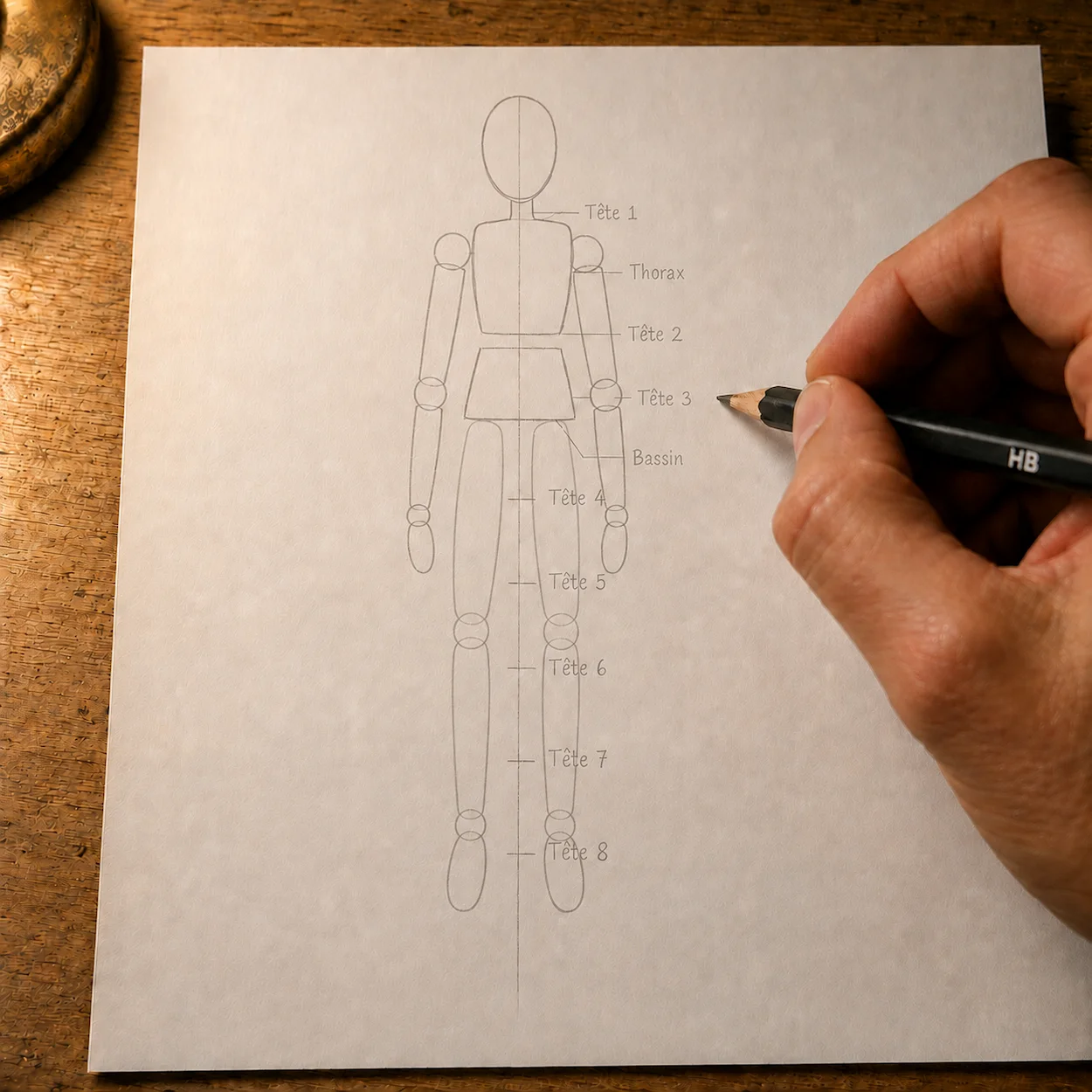 Étape 4 dessin personnage — jambes ajoutées en cylindres avec sphères aux genoux et chevilles, pieds en rectangles allongés, mannequin complet