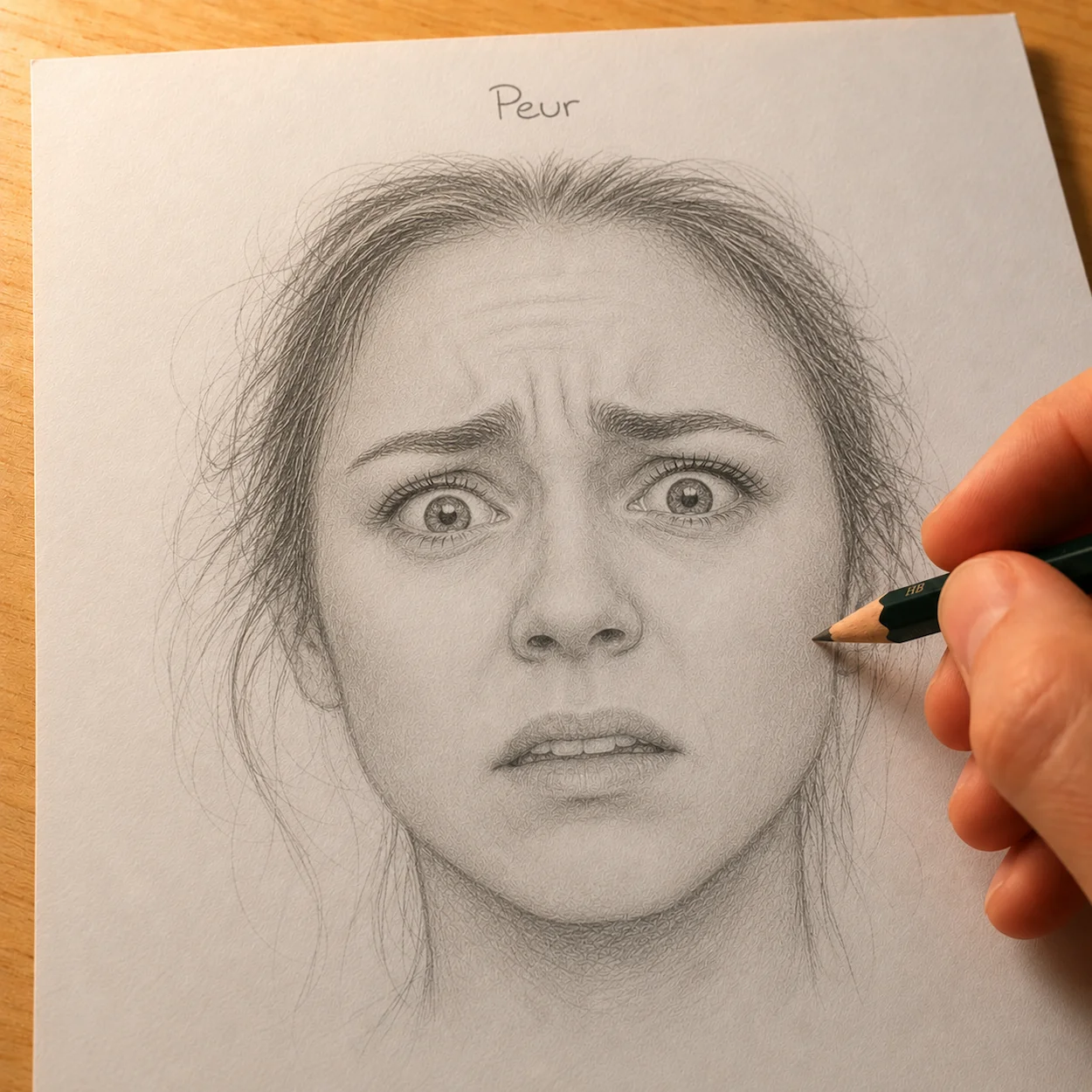 Étape 3 — expression de peur : sourcils relevés ET rapprochés en angle central, yeux très ouverts avec blanc visible au-dessus de l'iris, bouche entrouverte et tendue