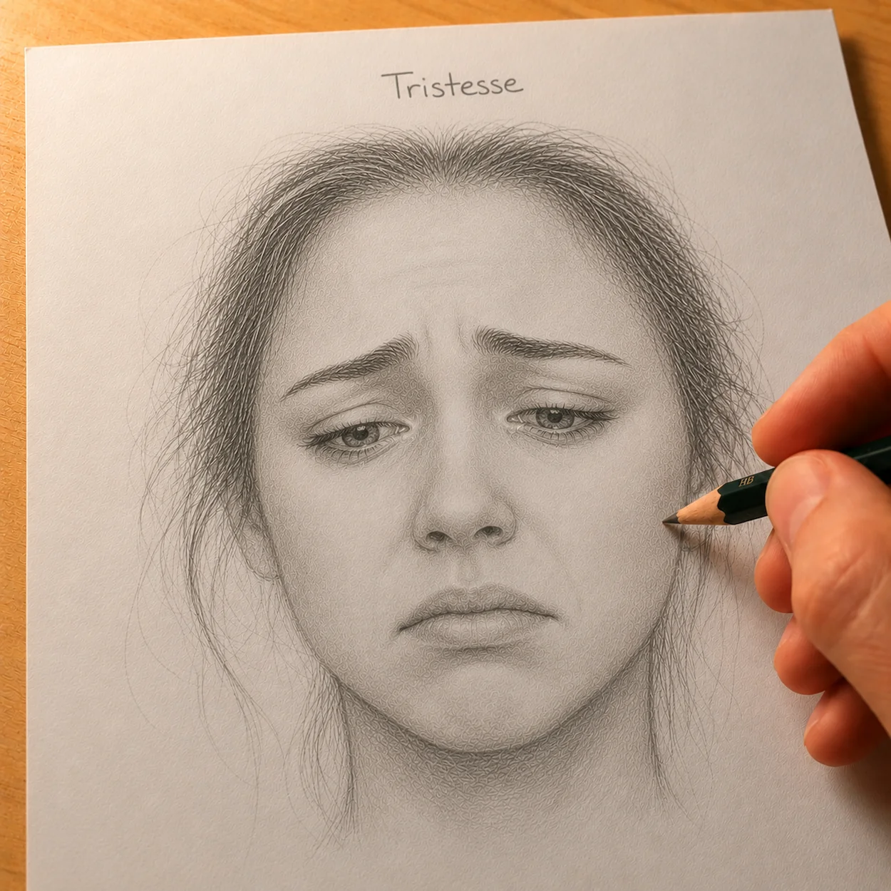 Étape 4 — expression de tristesse : bords intérieurs des sourcils légèrement remontés, paupières supérieures lourdes à mi-chemin, commissures des lèvres vers le bas