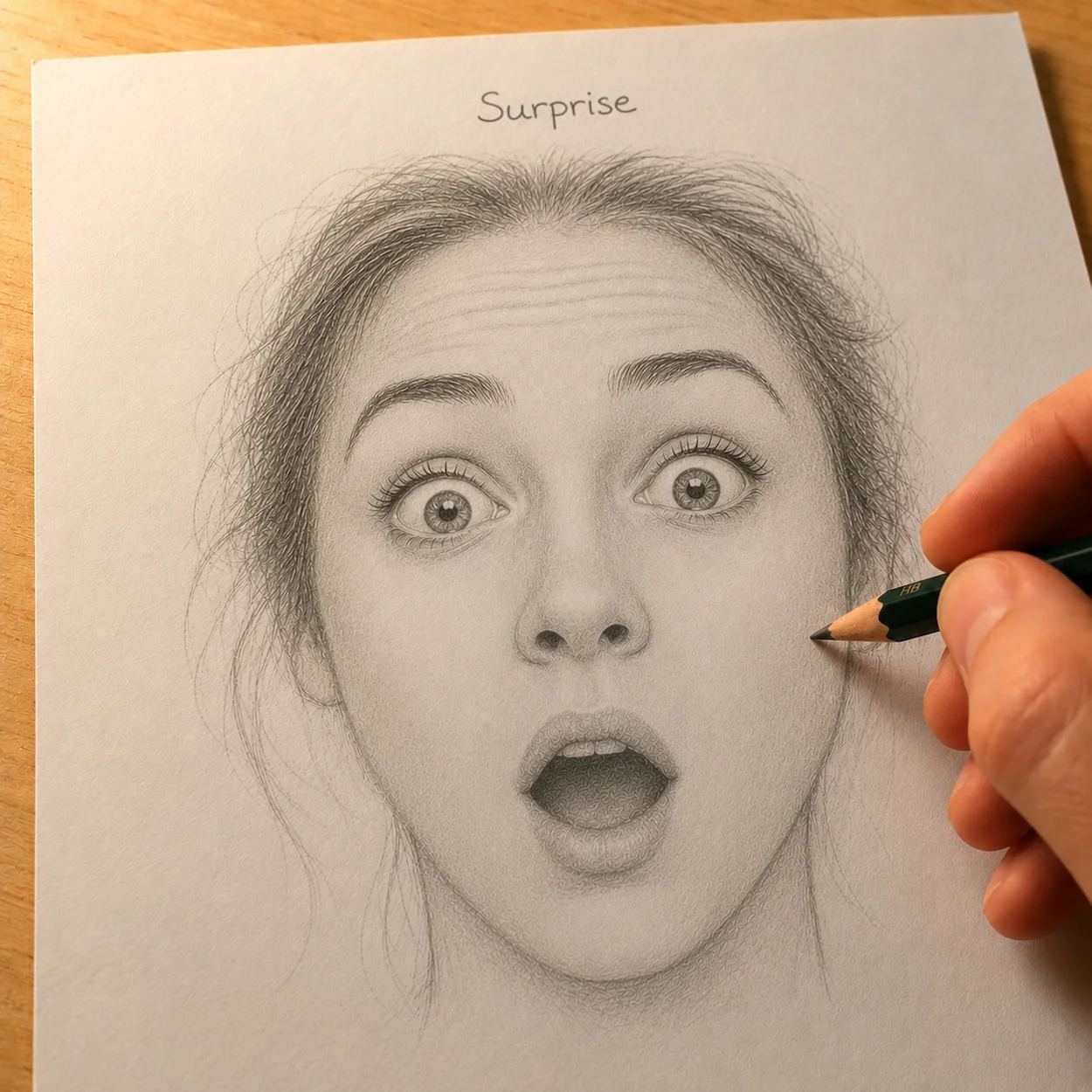 Étape 5 — expression de surprise : sourcils relevés et espacés, yeux grands ouverts avec blanc visible partout, bouche en cercle ouverte vers le bas, rides horizontales sur le front
