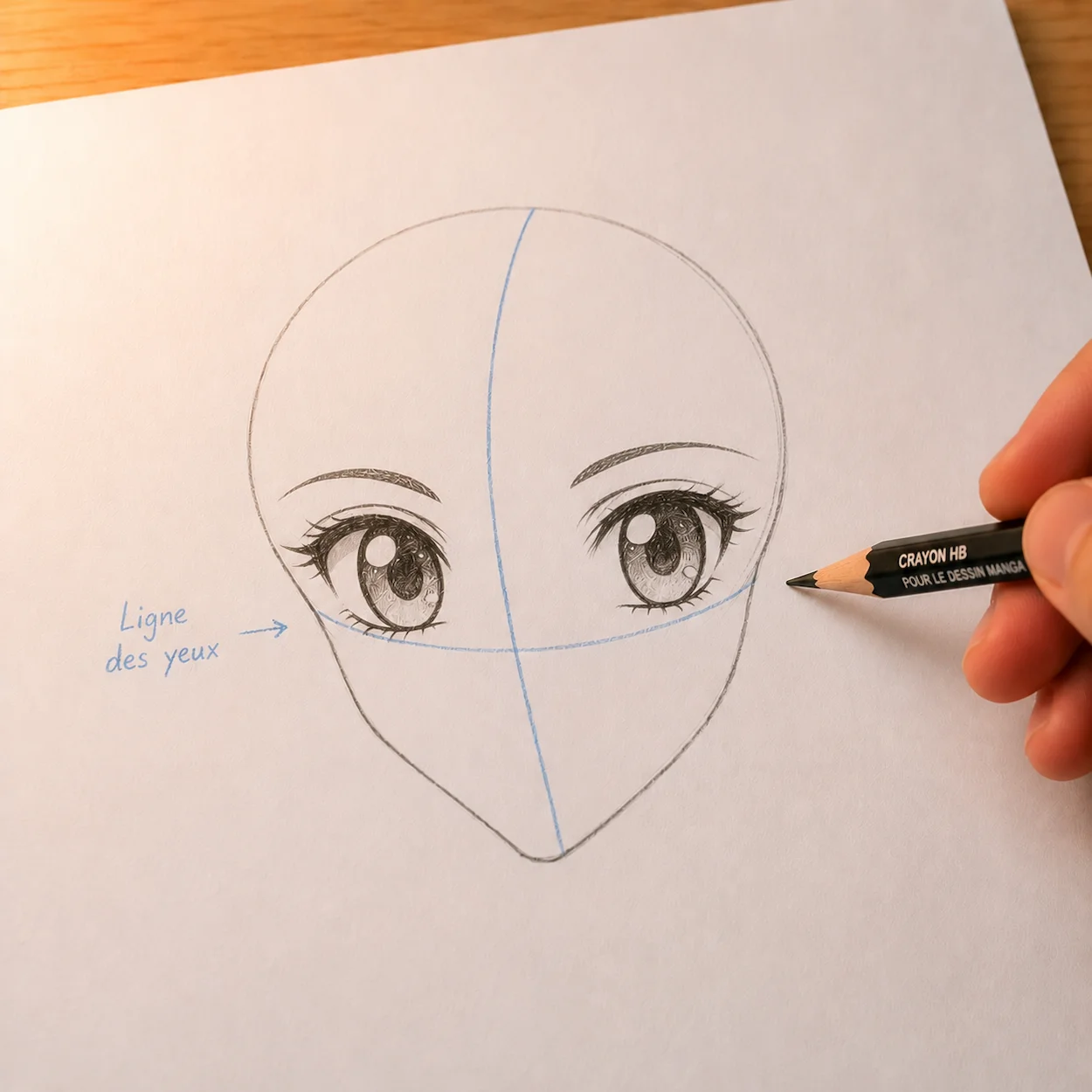 Étape 4 manga : yeux détaillés avec grand iris, pupille, reflets blancs en spot dans l iris, ombrage et cils stylisés évasés vers l extérieur