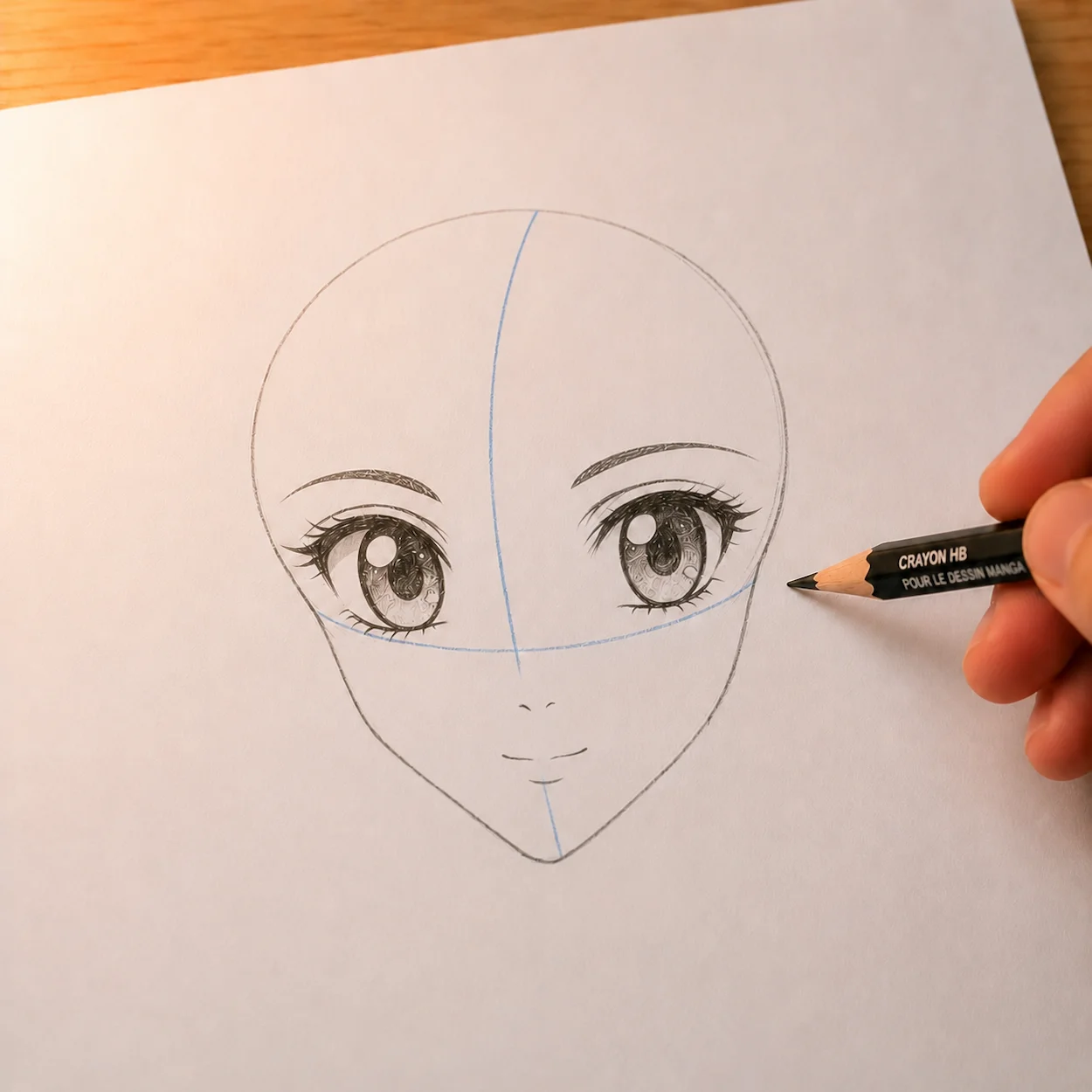 Étape 5 manga : nez réduit à un simple petit crochet et bouche légère avec courbe de sourire ajoutés sous les yeux détaillés — style shōjo épuré