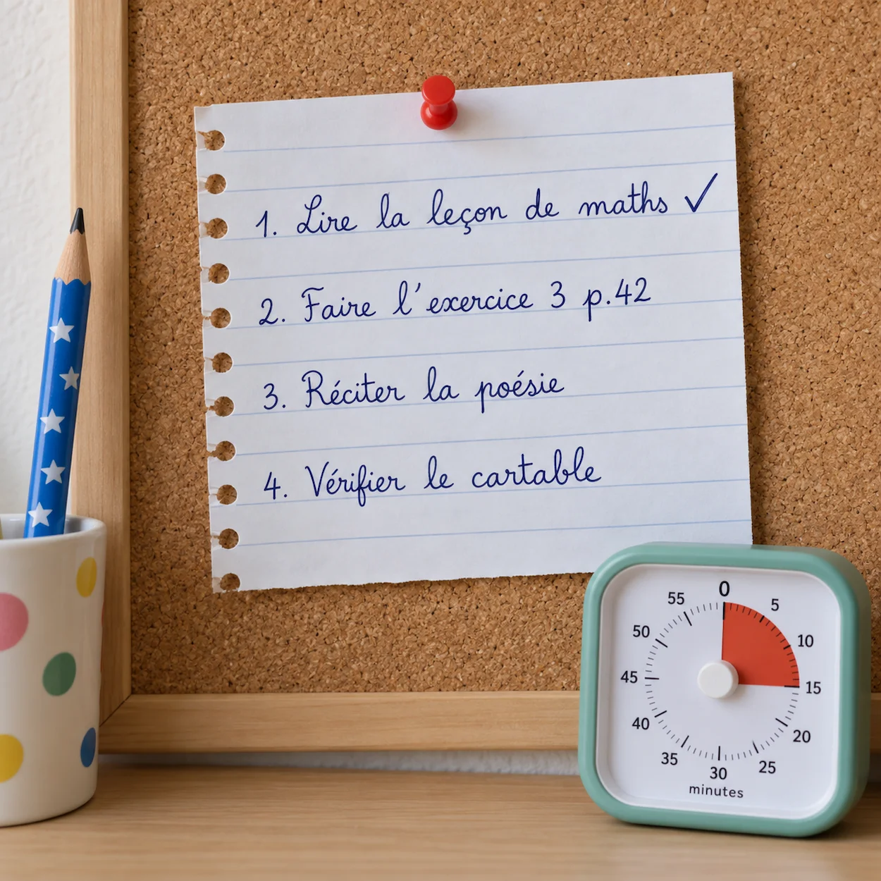 Liste de tâches devoirs écrite à la main en français par un enfant de CE2 : 1 Lire la leçon de maths cochée, 2 Faire l'exercice 3 p.42, 3 Réciter la poésie, 4 Vérifier le cartable, avec un minuteur analogique posé à côté