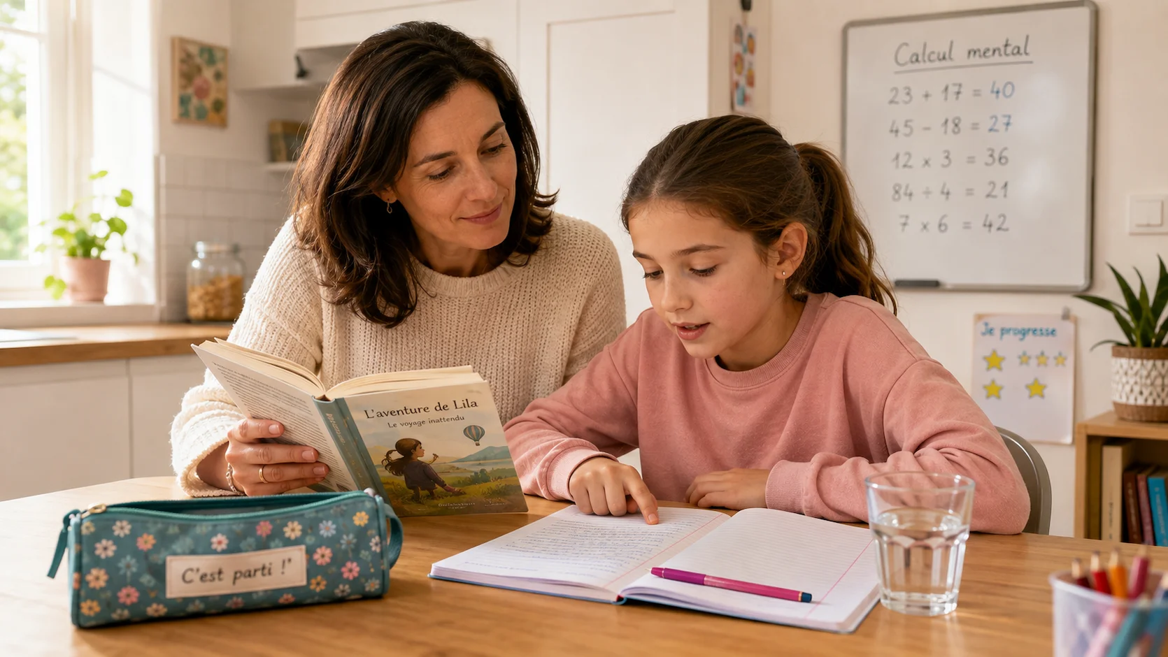 Mère et sa fille lisant ensemble à la table de la cuisine, fille lit à voix haute le doigt sur la ligne, tableau blanc avec calculs en arrière-plan