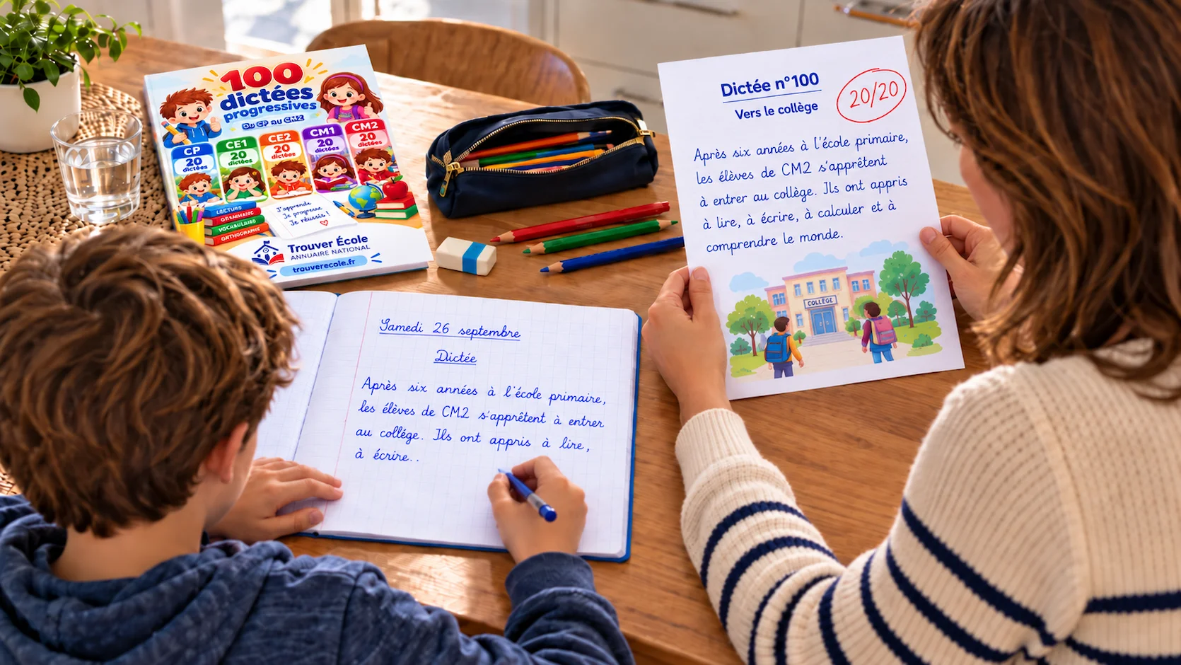 Mere francaise de 38 ans dictant un texte a son fils de 9 ans assis a la table de cuisine. L enfant ecrit dans un cahier grands carreaux. Sur la table : crayons, gomme, verre d eau, dictee corrigee en rouge.