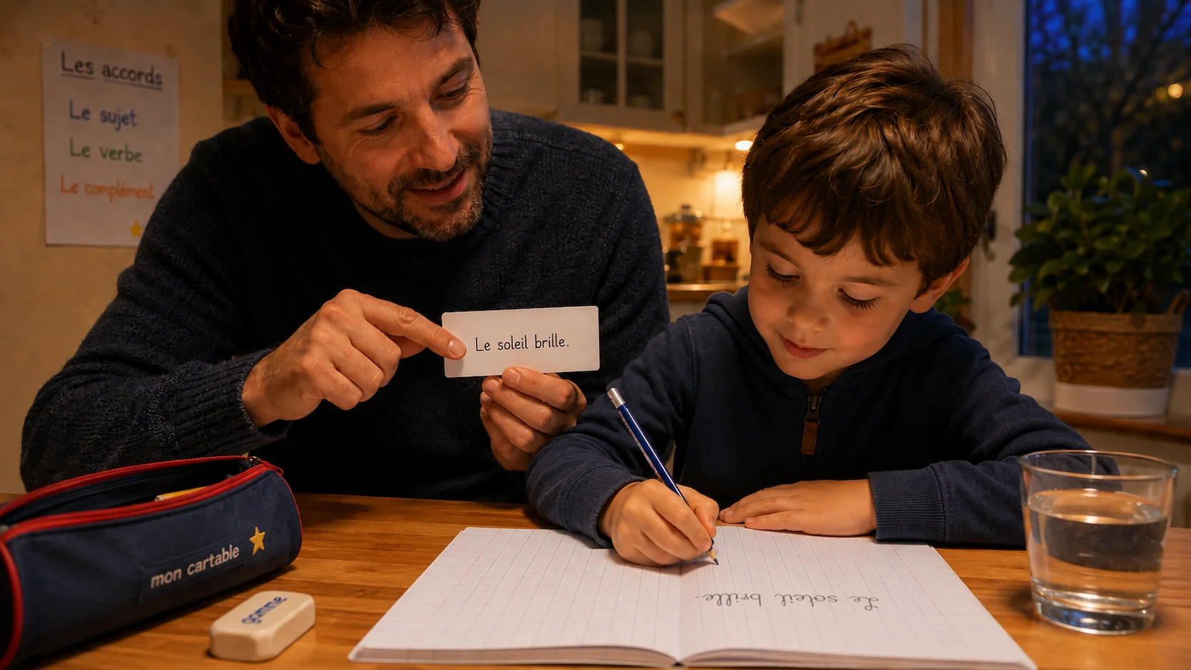 Père dictant une phrase à son fils de 6 ans qui écrit dans un cahier, atmosphère détendue et bienveillante à la maison
