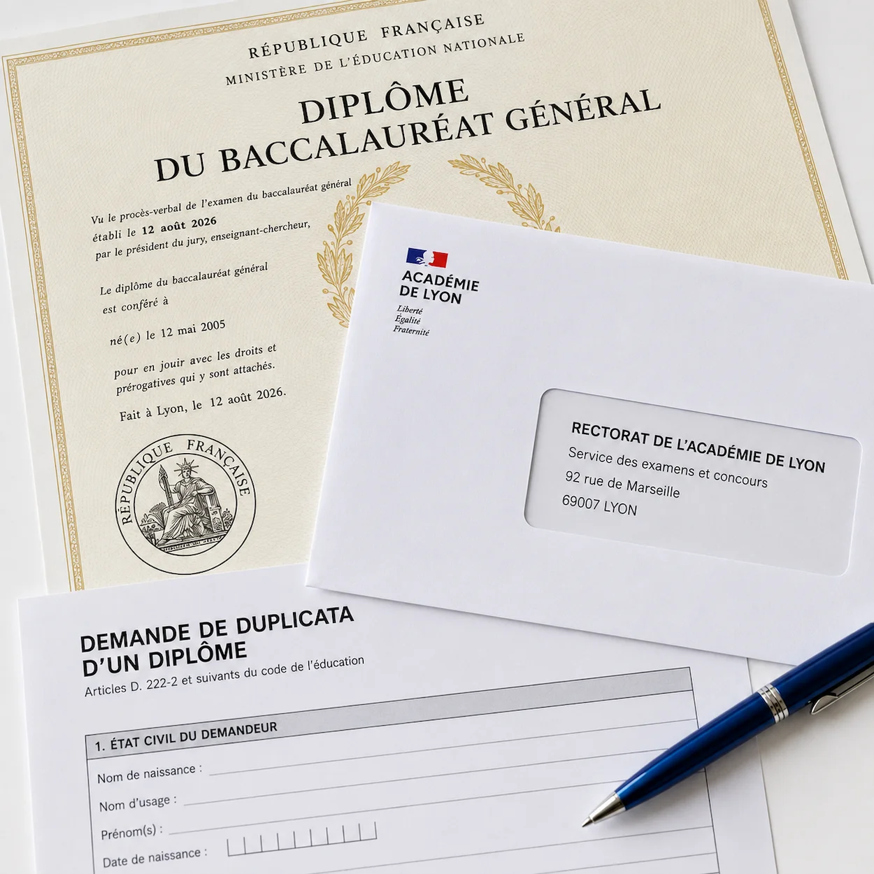 Gros plan sur un diplôme du baccalauréat français, une enveloppe adressée à un rectorat et un stylo posés sur un bureau blanc, composition administrative soignée