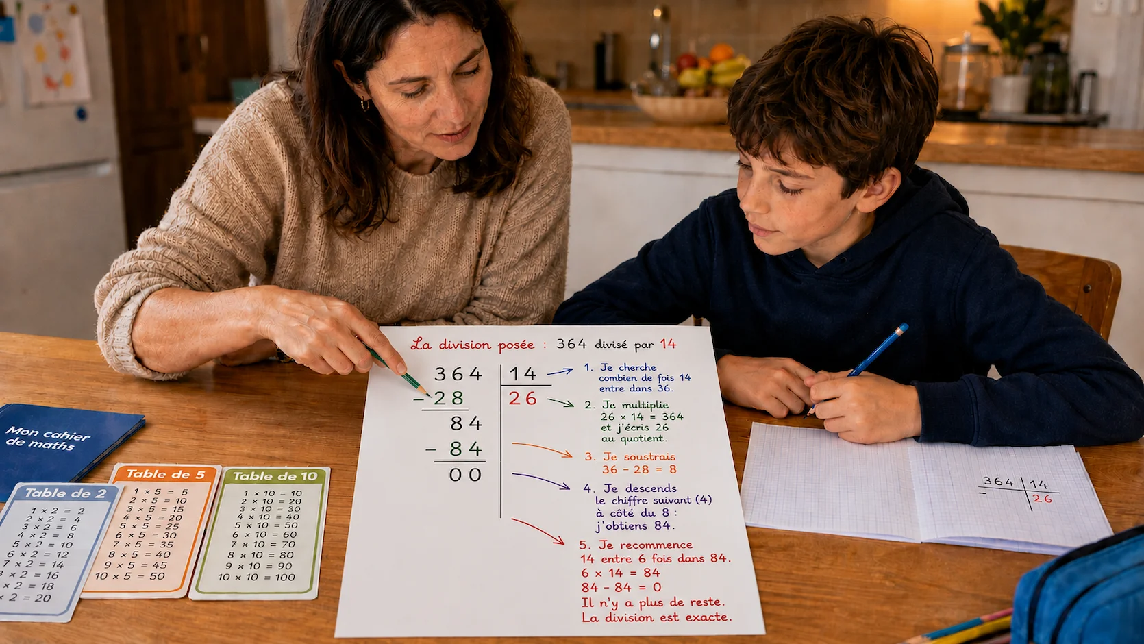 Mere et fils a la table de cuisine travaillant ensemble sur une division posee 364 divise par 14 ecrite sur papier avec toutes les etapes annotees en francais