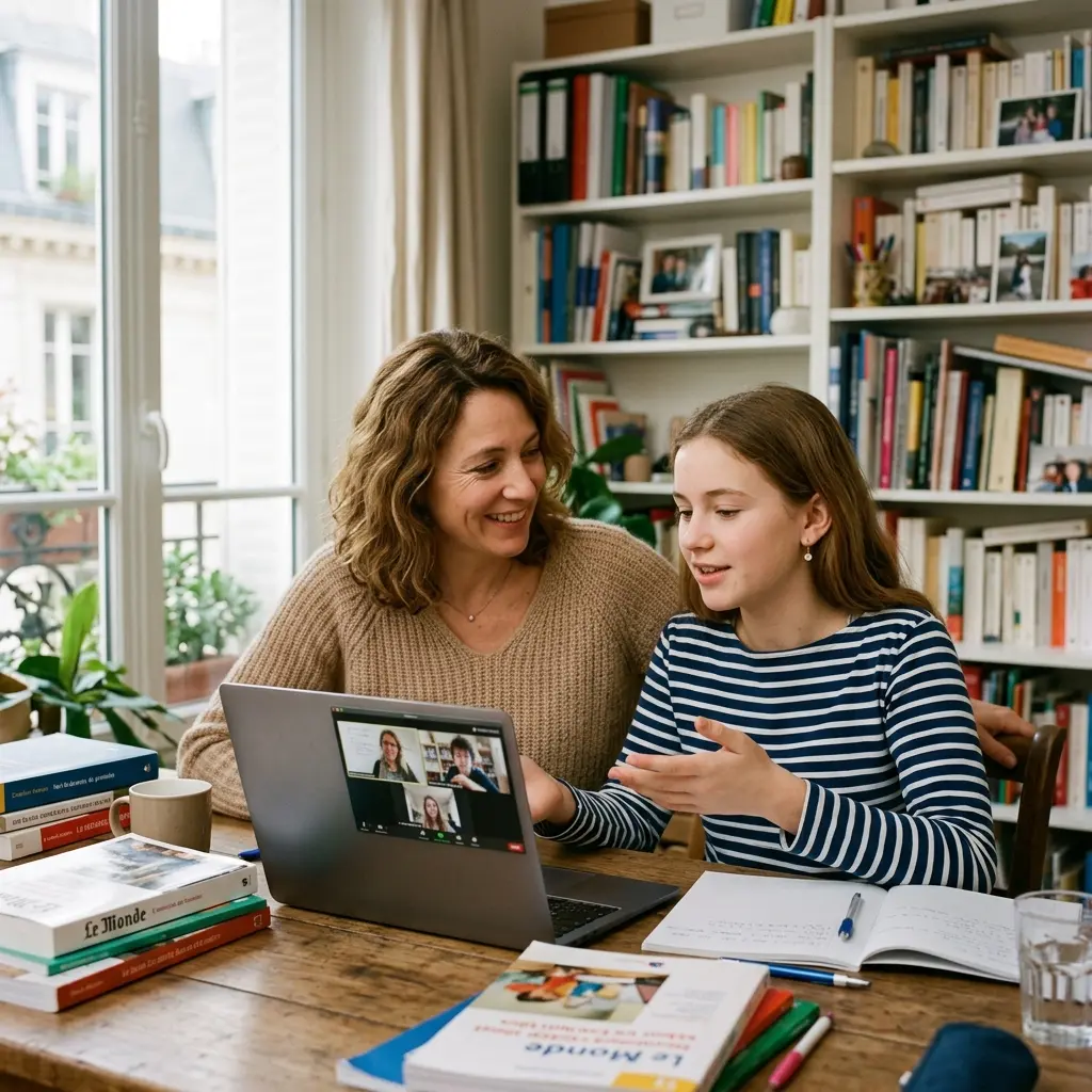 Mère accompagnant son enfant pendant une session de cours CNED à domicile