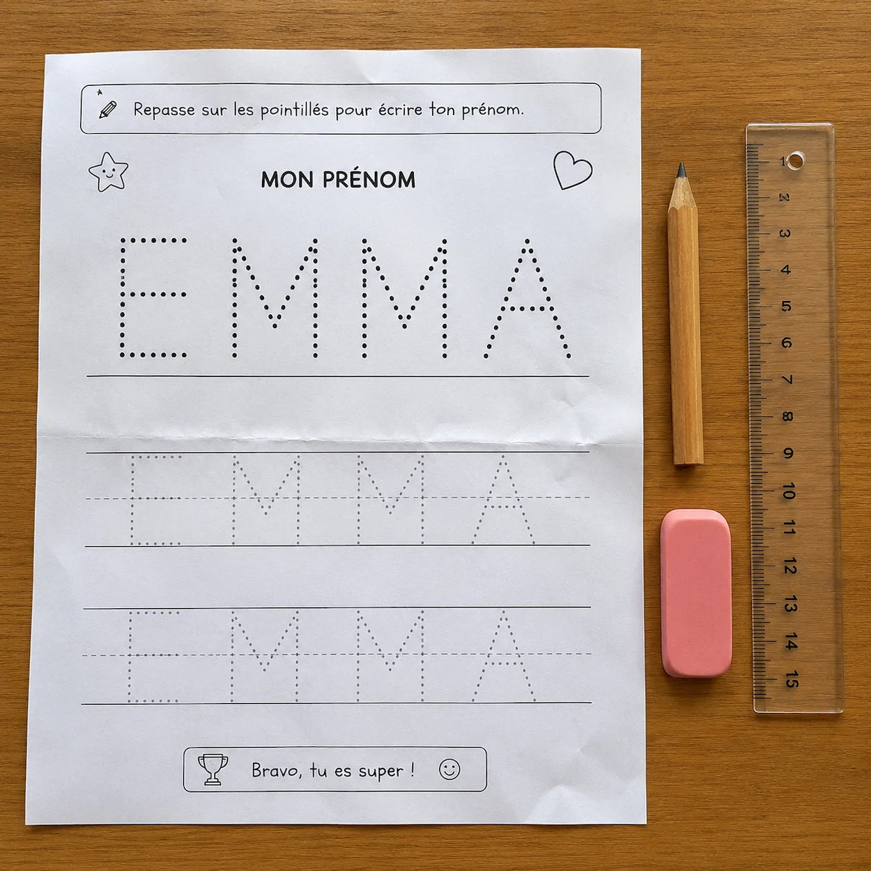 Fiche gabarit prénom EMMA en lettres capitales pointillées prête à tracer, avec crayon triangulaire et gomme sur table en bois