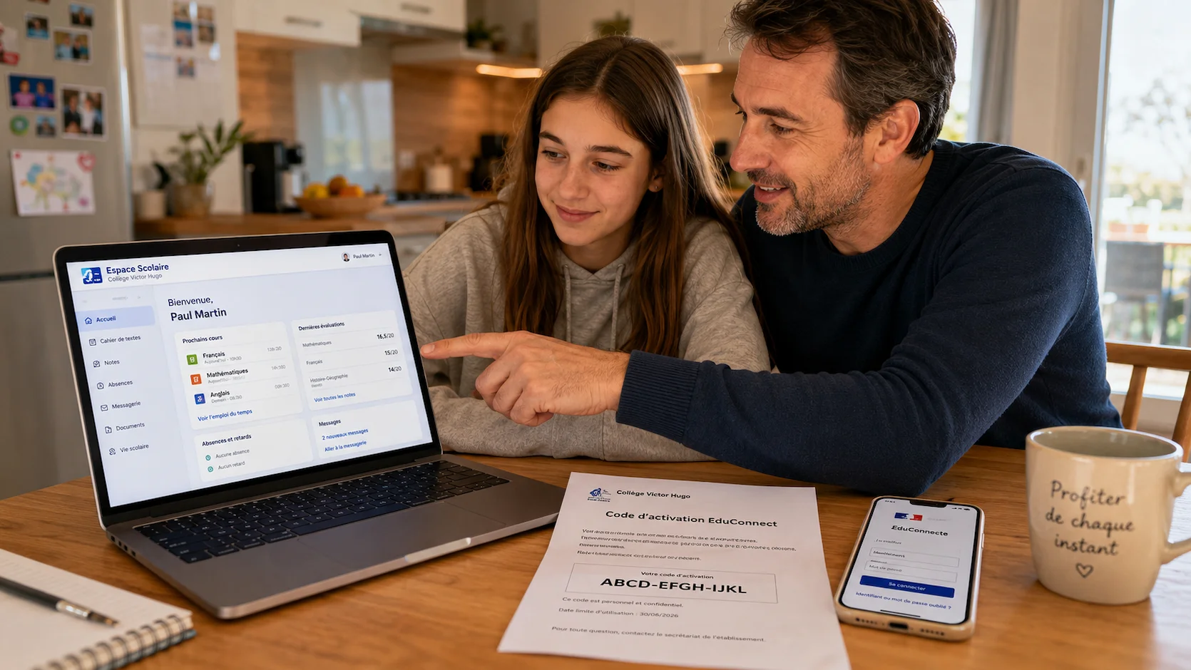 Père et sa fille adolescente regardant ensemble le tableau de bord scolaire sur un ordinateur portable à la table, avec la lettre d'activation de l'école visible