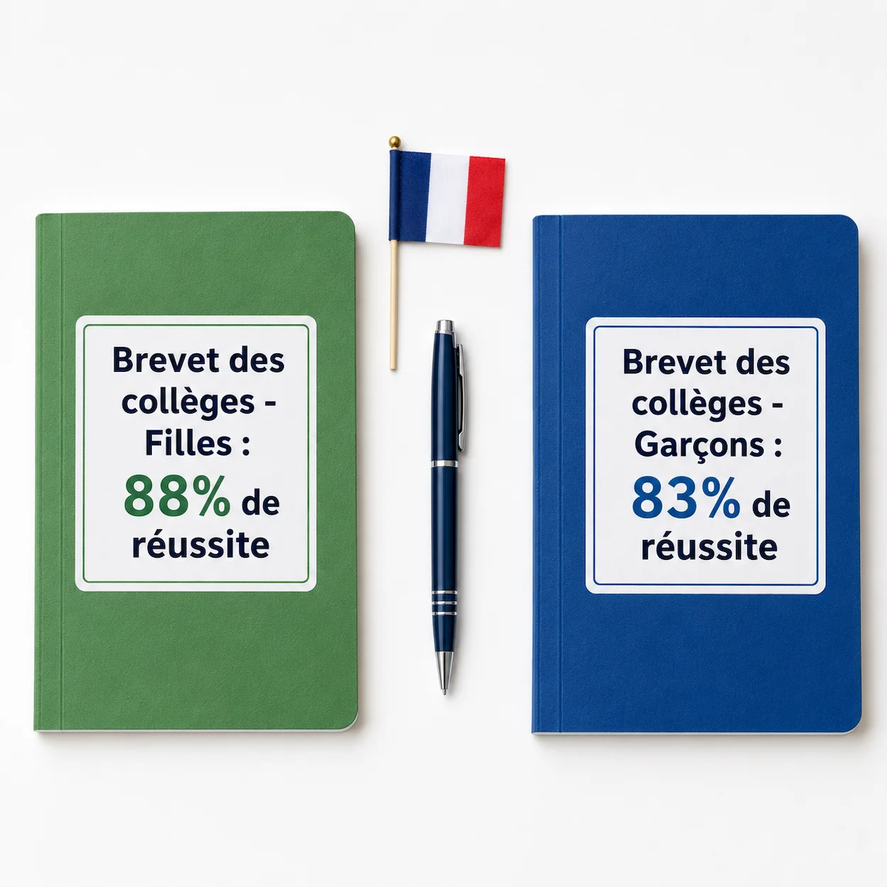 Deux carnets scolaires présentant les taux de réussite au brevet des collèges pour les filles et les garçons posés sur un fond blanc