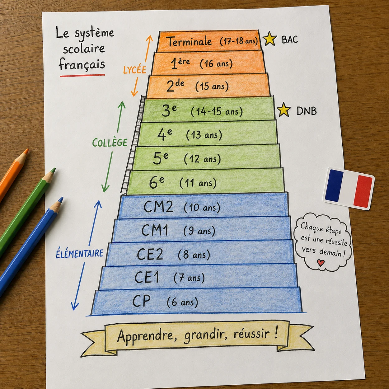 Infographie en escalier du système scolaire français avec tous les niveaux de CP à Terminale avec les âges correspondants primaire en bleu collège en vert lycée en orange diplômes DNB et BAC marqués d une étoile