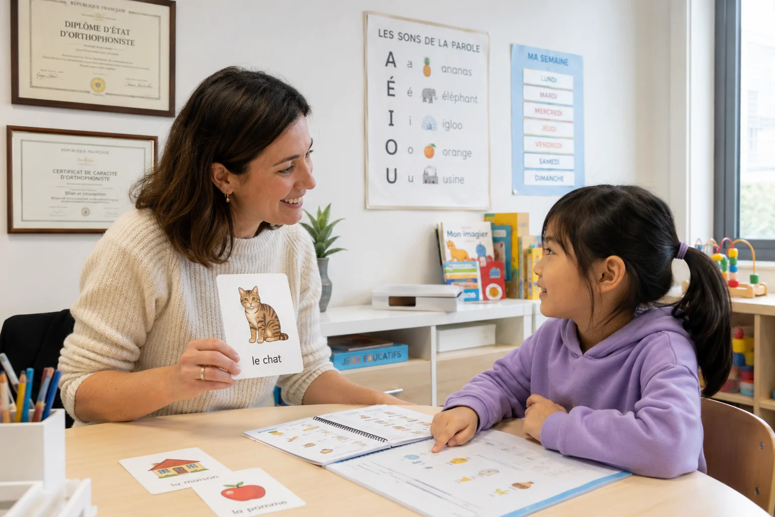 Une orthophoniste évalue un enfant bilingue à l'aide de flashcards illustrées et d'un cahier français lors d'une séance individuelle dans un cabinet professionnel