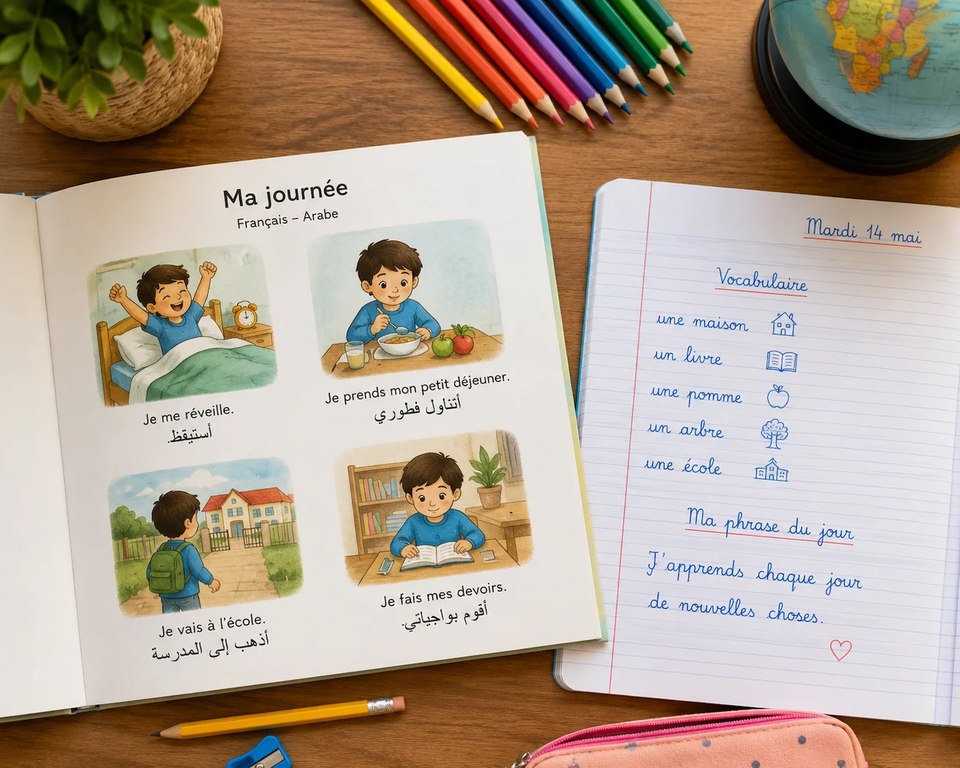 Gros plan sur un livre bilingue franco-arabe ouvert sur une table en bois à côté d'un cahier scolaire français, de crayons de couleur et d'un globe