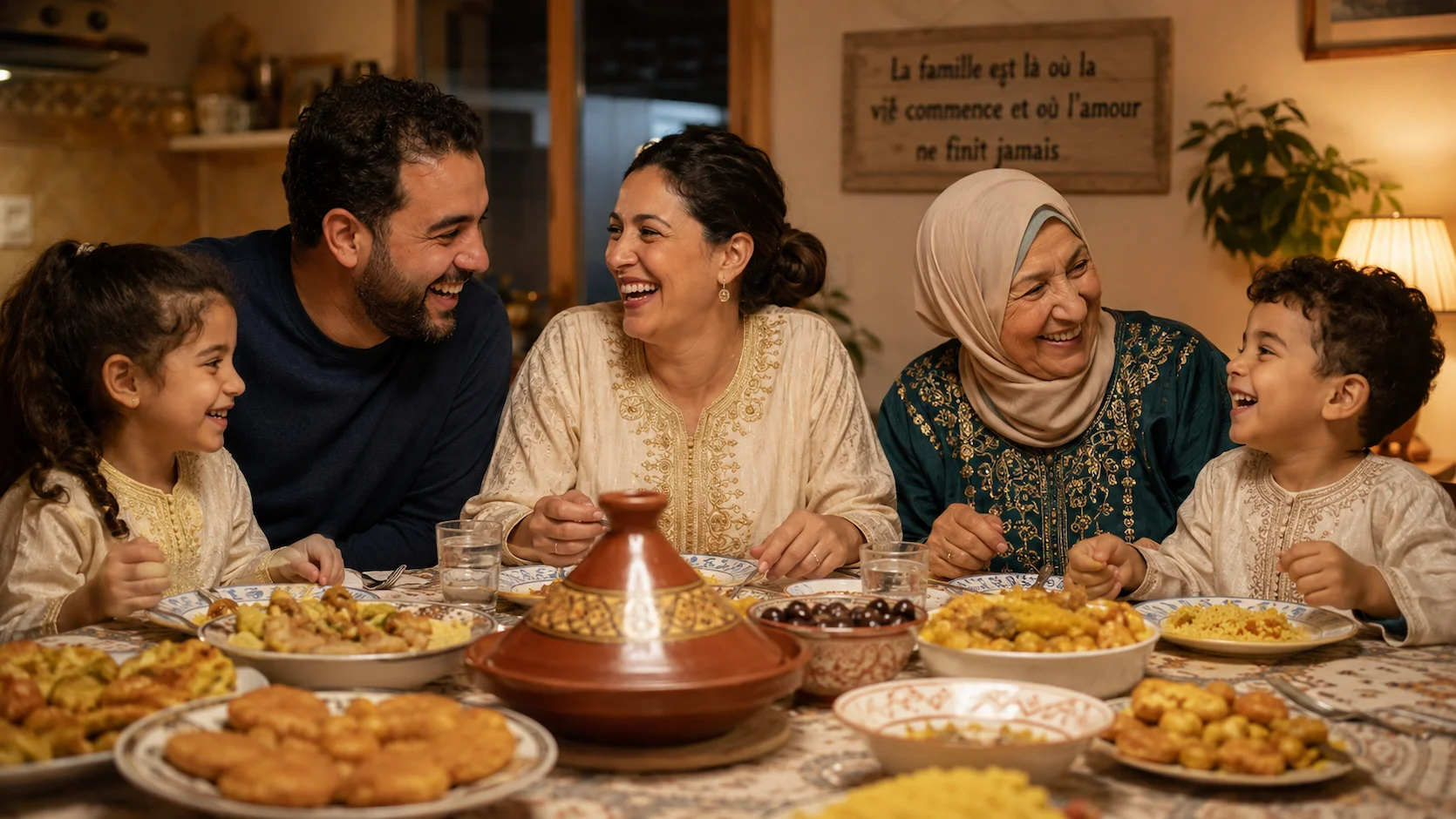 Famille franco-maghrébine autour d'une table, parents et enfants échangeant chaleureusement à la maison