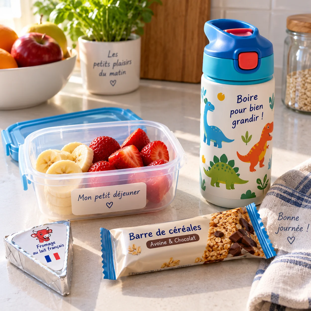 Gros plan sur une boîte transportable de petit-déjeuner enfant avec fruits frais, portion de fromage et barre de céréales, gourde colorée à côté, sur plan de travail blanc
