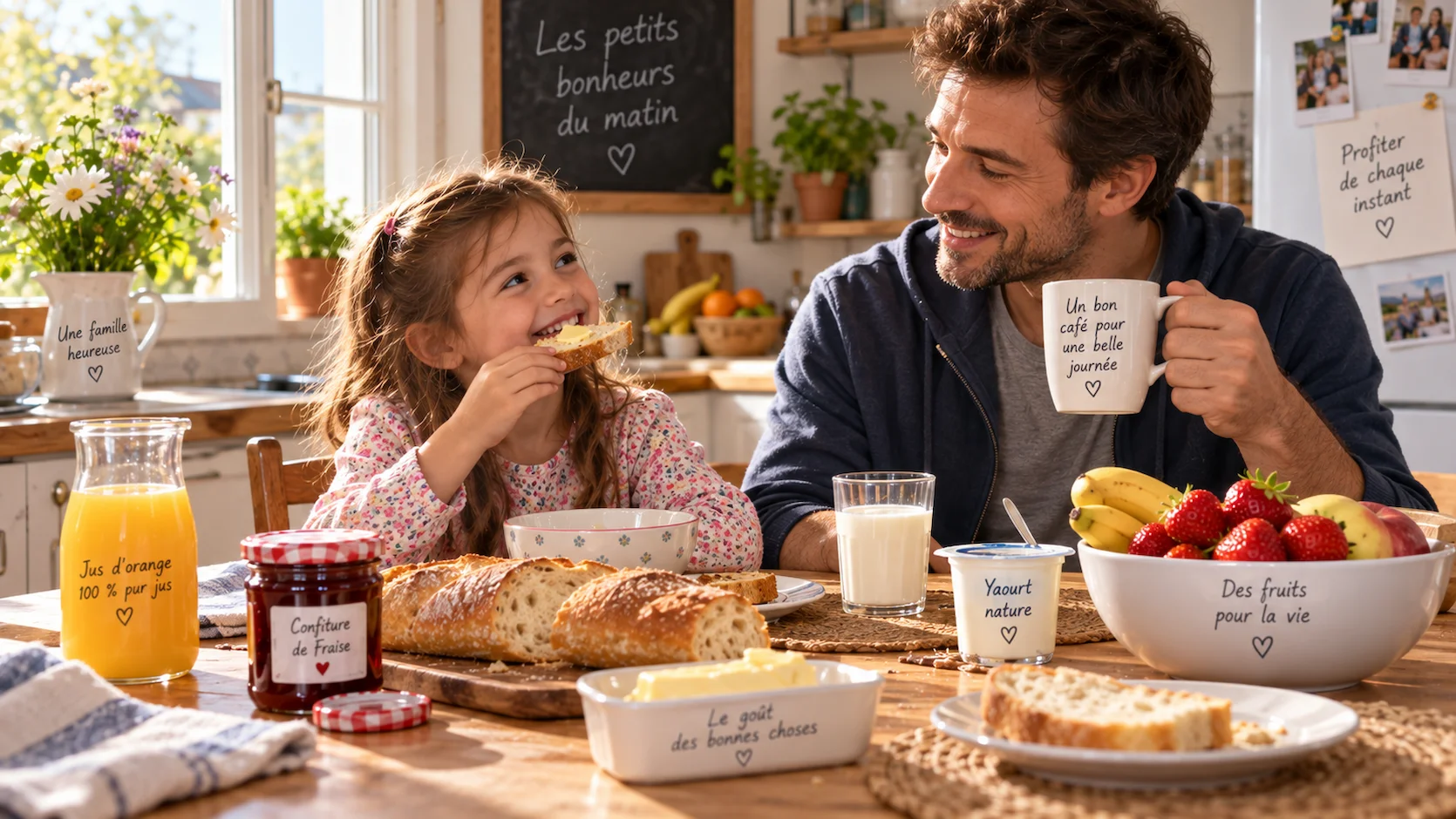 Père et fillette de 6 ans prenant le petit-déjeuner ensemble à table dans une cuisine lumineuse, la fillette sourit en mangeant une tartine, atmosphère chaleureuse et détendue
