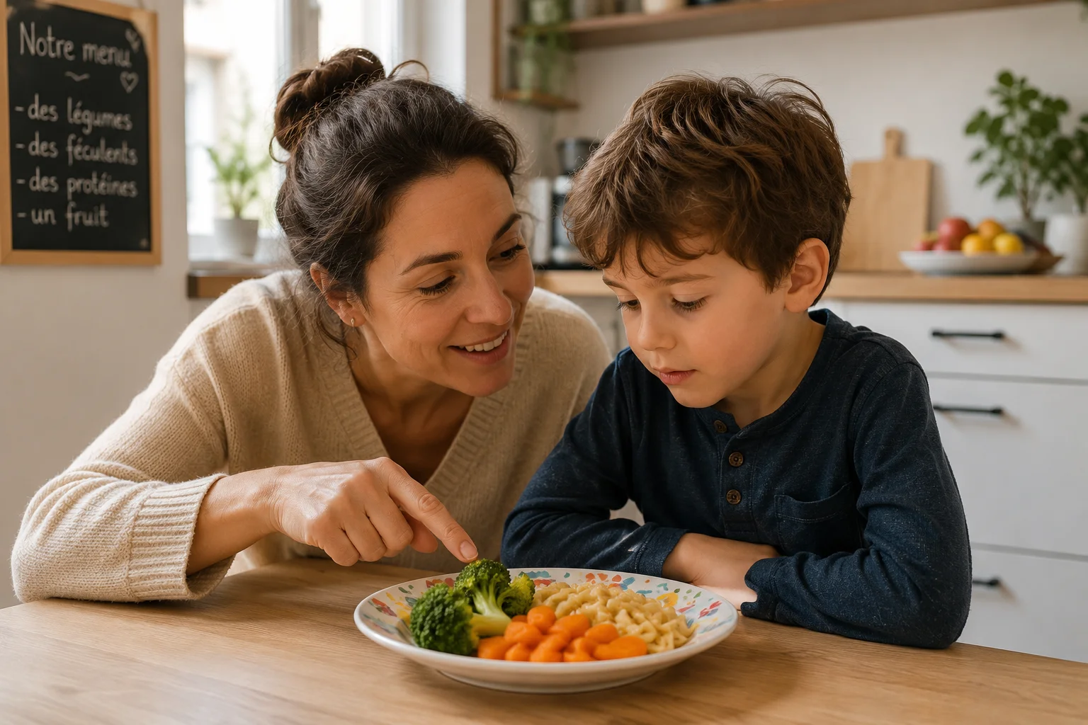 Une mère française s'agenouille à la hauteur de son enfant dans une cuisine familiale et lui montre un légume coloré dans une assiette, avec un sourire bienveillant