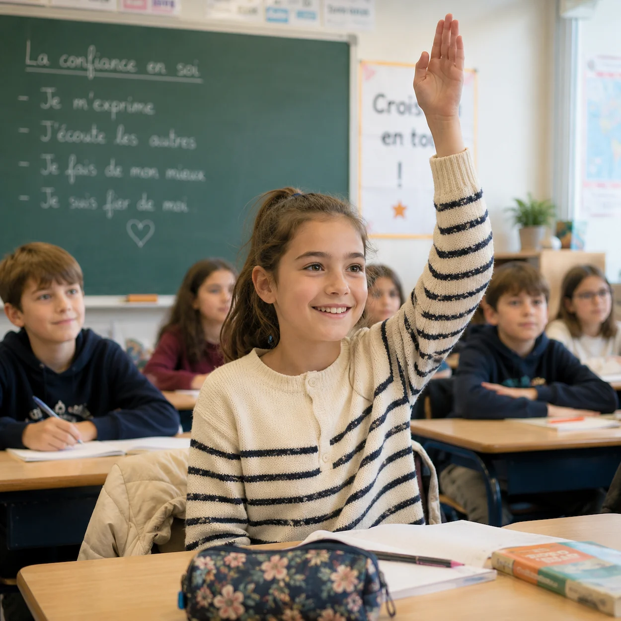 Petite fille souriante qui lève la main en classe pour répondre à une question, entourée de camarades attentifs