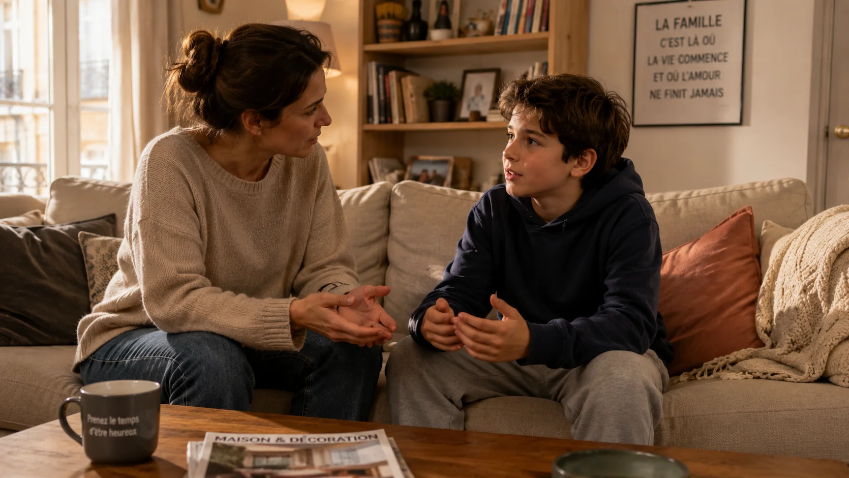 Parent et enfant assis sur un canapé, en conversation calme et bienveillante, l'enfant explique ses ressentis tandis que le parent écoute attentivement