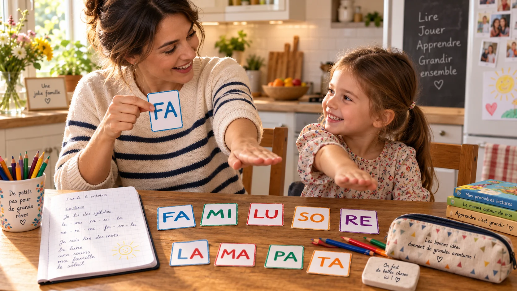 Mère et fille de 6 ans à la table de la cuisine, la mère guide sa fille avec le geste du bras glissant pour prononcer la syllabe FA, cartes syllabiques colorées sur la table