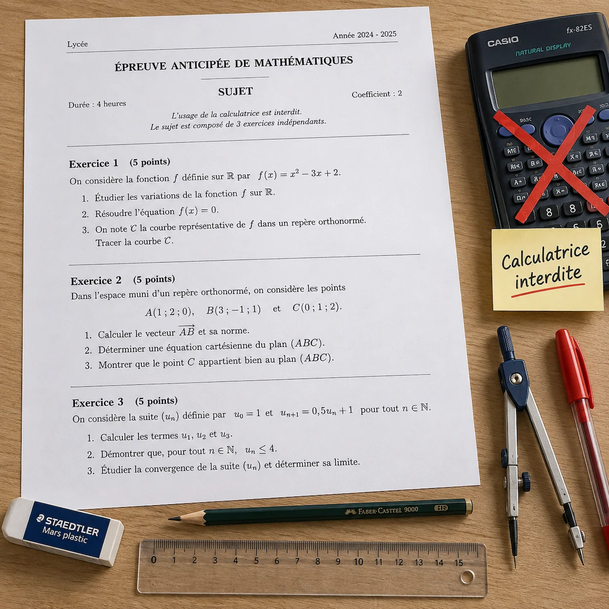 Matériel autorisé pour l'épreuve anticipée de mathématiques : copie, crayon, règle, compas, gomme — calculatrice barrée avec note 'Calculatrice interdite' en français