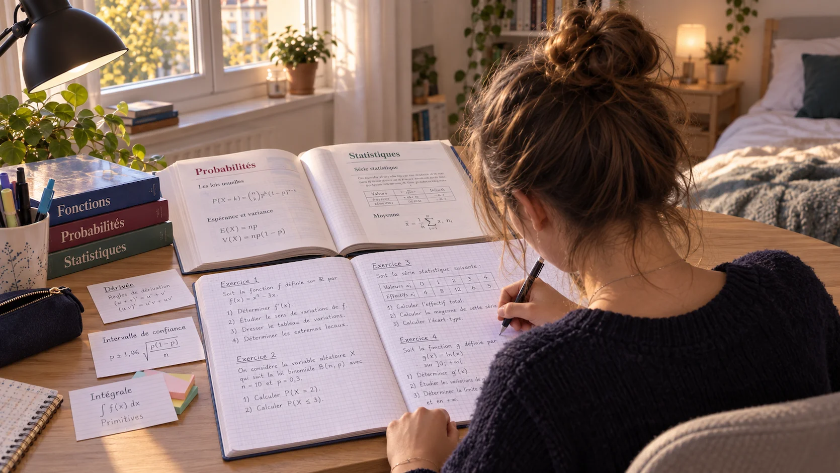 Lycéenne de Première révisant les mathématiques à son bureau : manuels scolaires ouverts sur les fonctions et probabilités, cahier d'exercices et fiches — pas de calculatrice