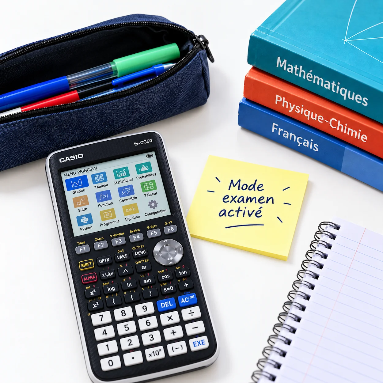 Gros plan d''un bureau scolaire avec une calculatrice scientifique Casio, une trousse avec stylos et règle, un cahier, des manuels et un post-it ''Mode examen activé'' en français — sans personnages visibles