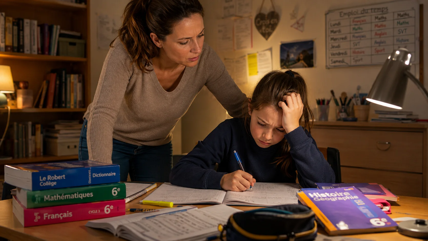 Enfant frustré devant ses devoirs pendant que sa mère tente de lui expliquer un exercice en le regardant par-dessus l'épaule