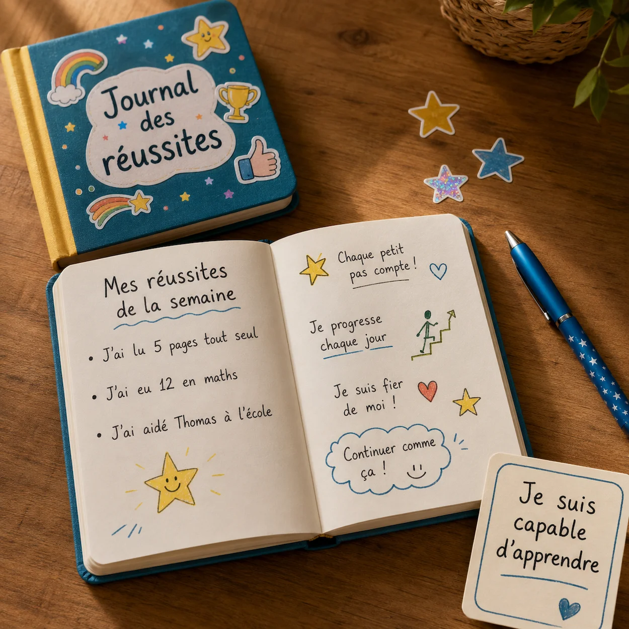 Journal des réussites d'enfant ouvert avec la liste hebdomadaire en français, carte d'affirmation 'Je suis capable d'apprendre', stylo et étoiles autocollantes sur bureau en bois