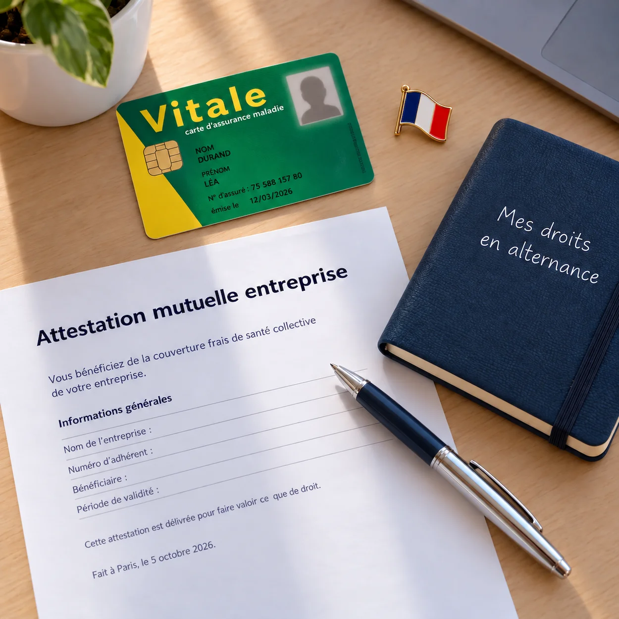 Flat-lay Carte Vitale attestation mutuelle entreprise et carnet droits en alternance sur bureau