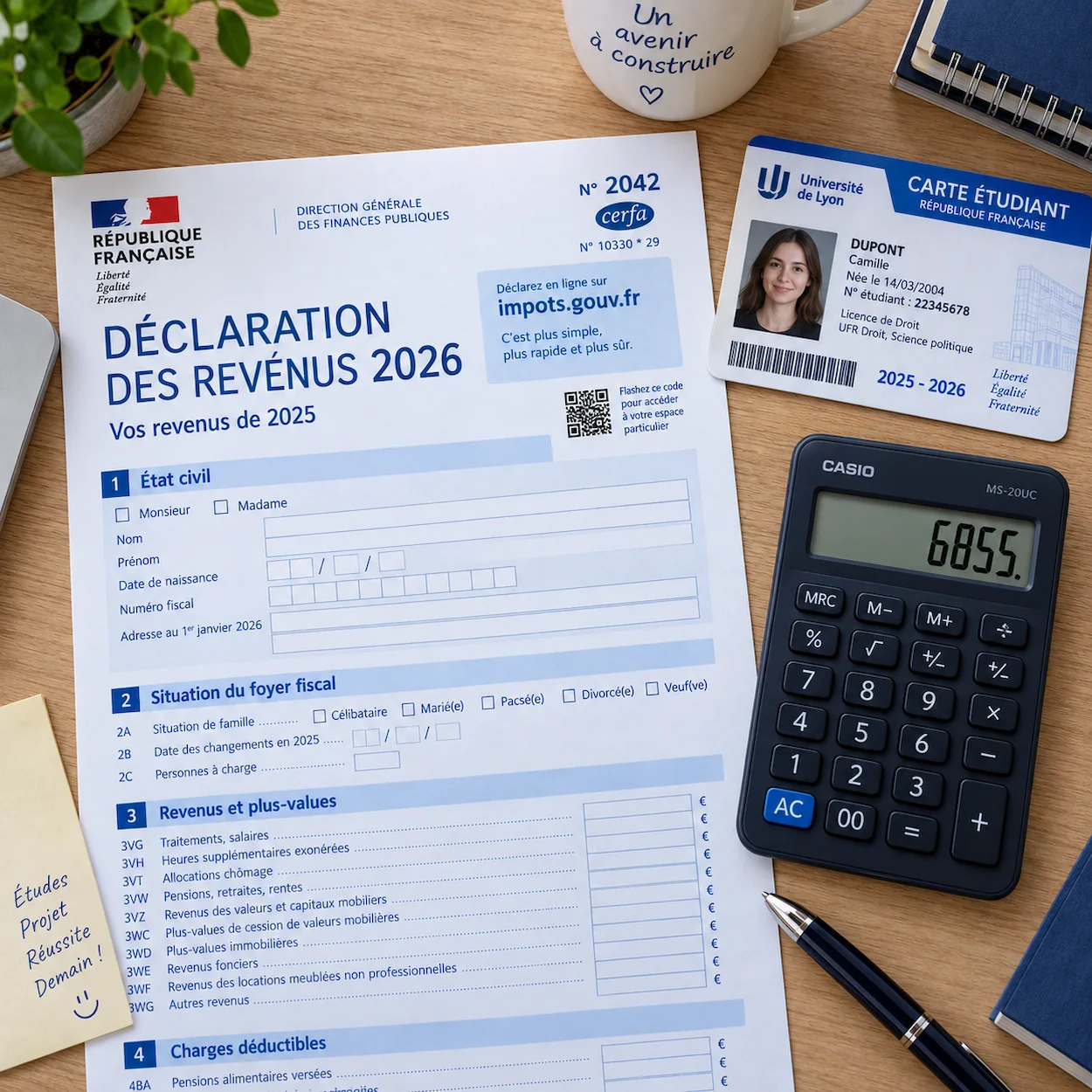 Formulaire fiscal 2042 français, carte étudiant et calculatrice sur bureau en bois, gros plan