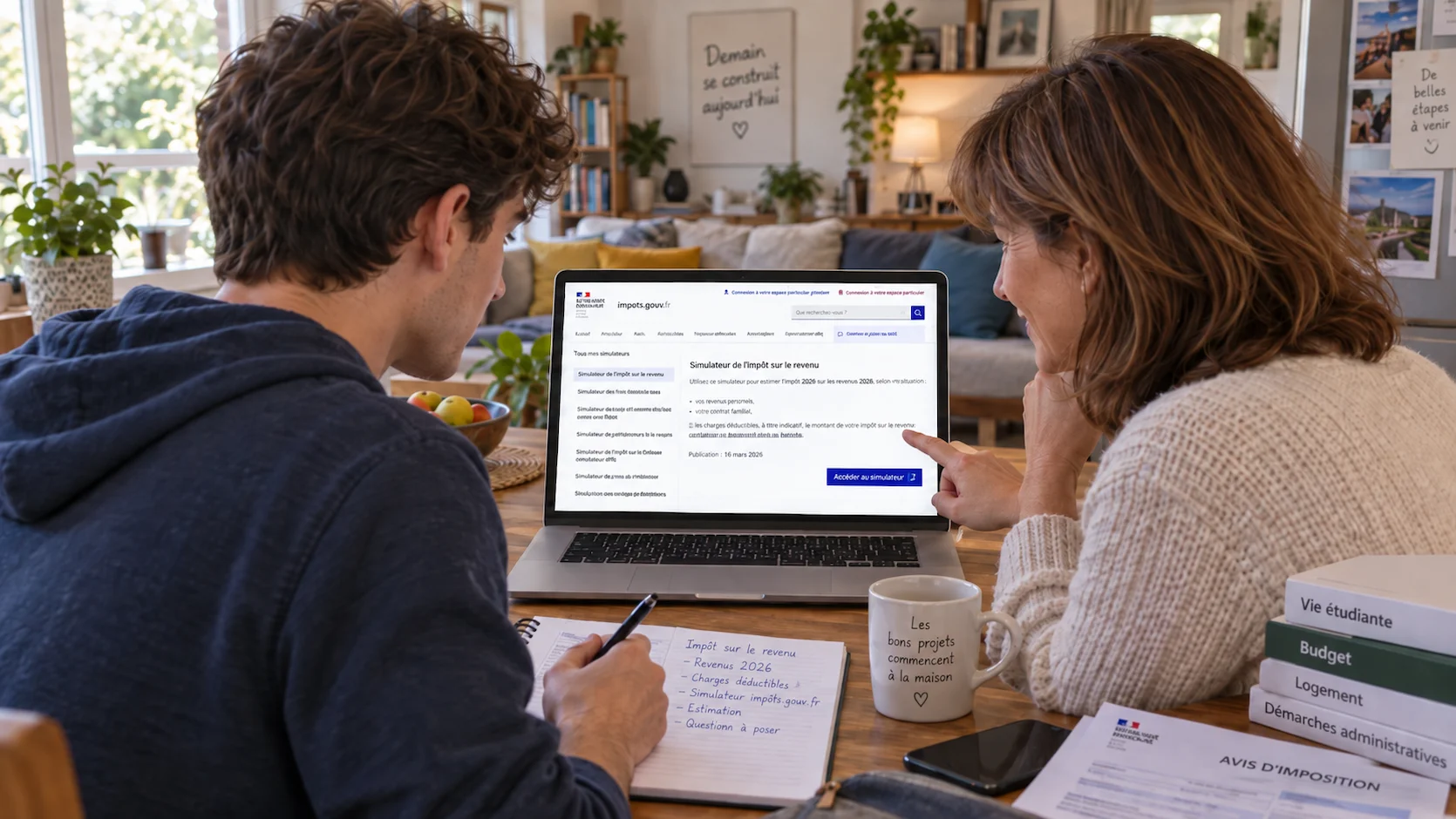Étudiant et sa mère devant un ordinateur portable consultant un simulateur fiscal, lumière naturelle
