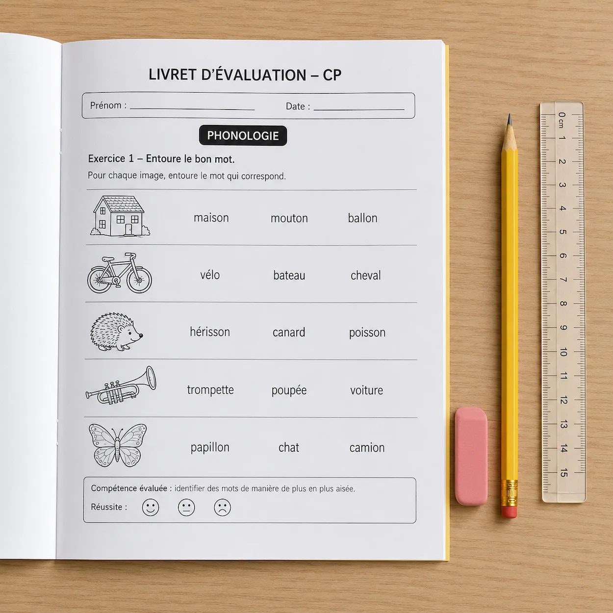 Livret d'évaluation nationale de CP ouvert sur une page d'exercice de phonologie, avec crayon jaune et gomme rose sur un bureau d'école