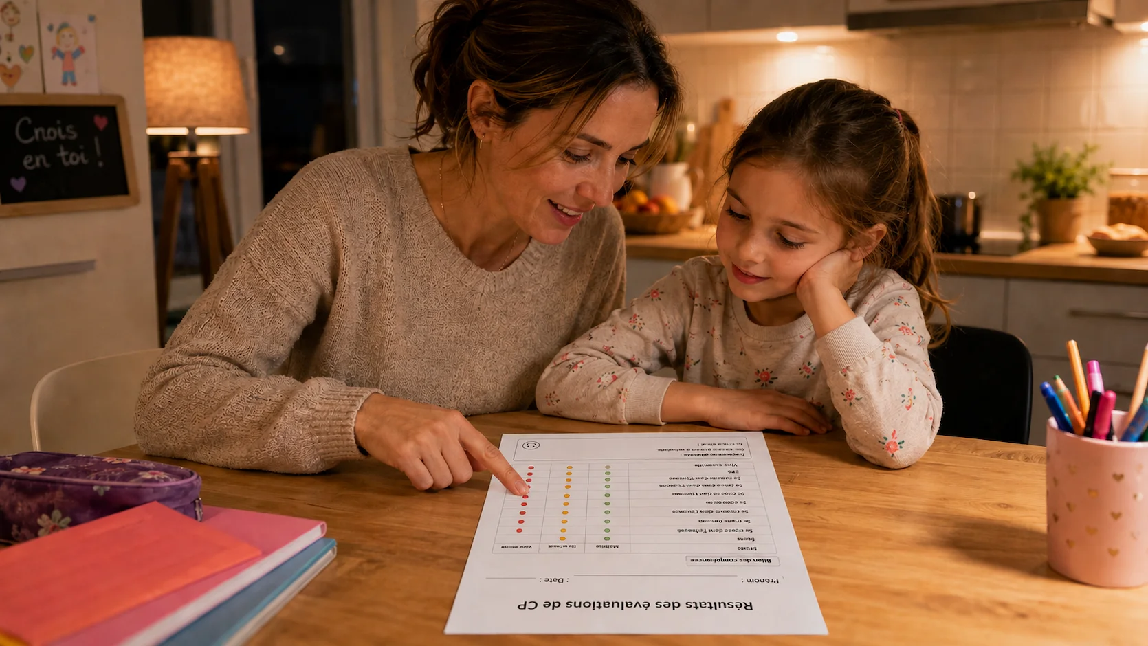 Mère et fille de 6 ans regardant ensemble les résultats de l'évaluation nationale de CP à la table de cuisine, mère expliquant calmement le document