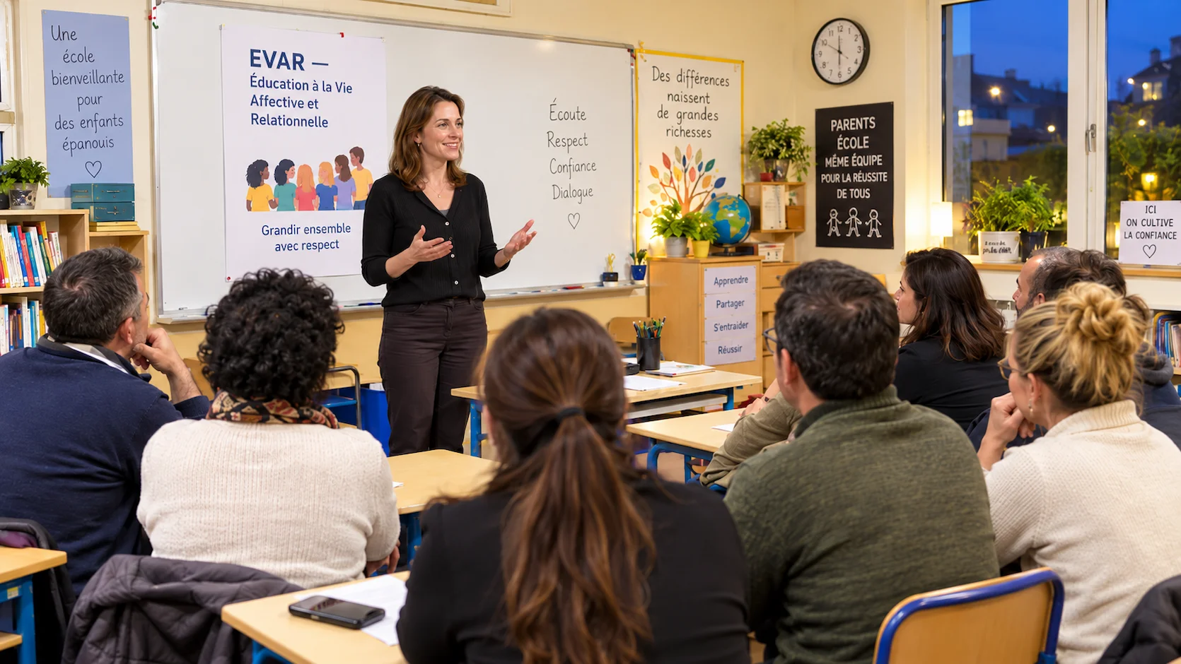 Réunion de parents d'élèves dans une école primaire française : une enseignante présente le programme EVAR à une salle de parents attentifs