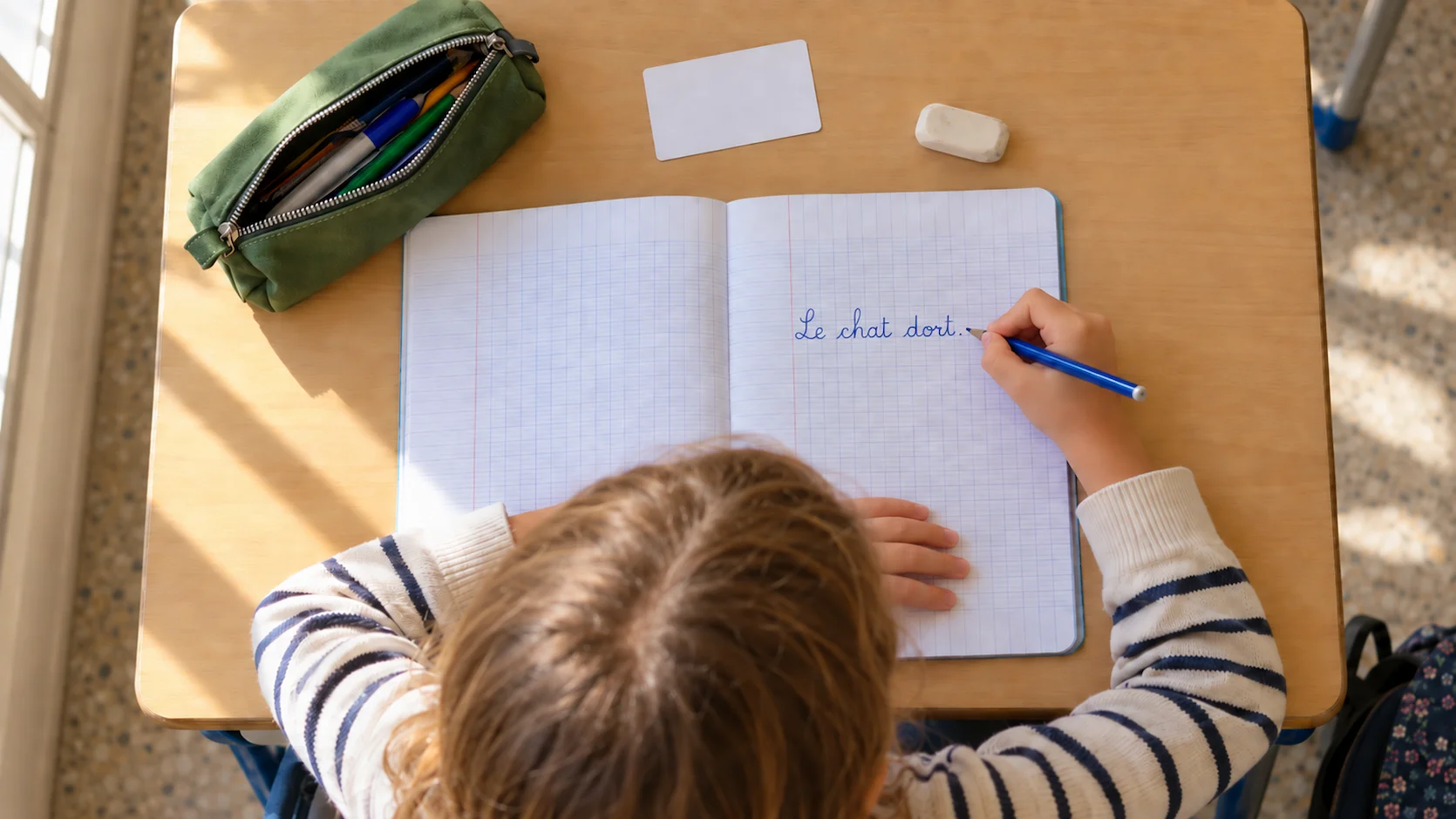 Enseignante francaise pointant une carte phrase devant un eleve de CP qui vient de la retourner et ecrit de memoire dans son cahier grands carreaux. Autres eleves en arriere-plan dans une salle de classe primaire lumineuse.