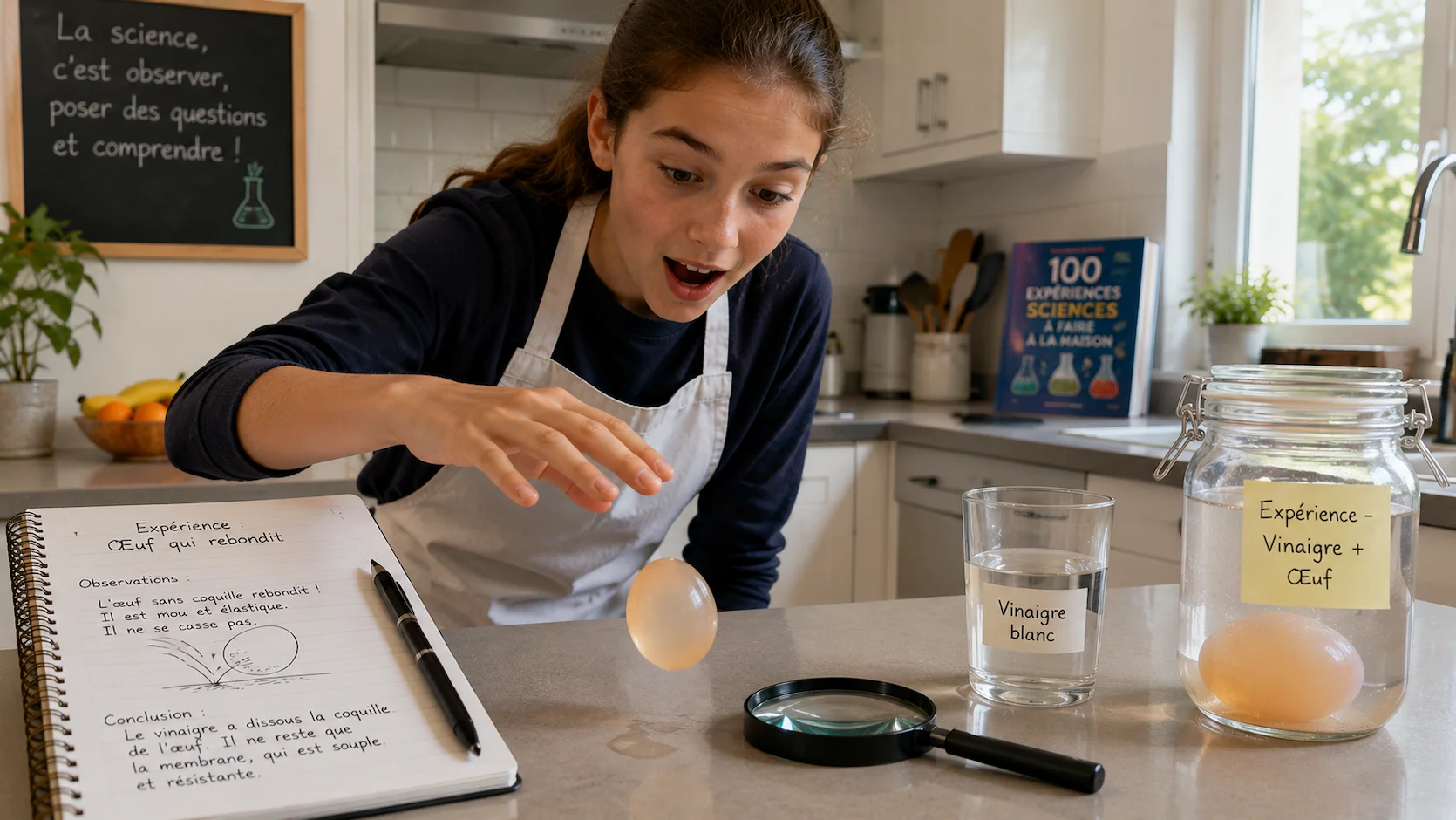 Une adolescente portant un tablier de cuisine fait rebondir délicatement un œuf translucide et élastique sans coquille sur un plan de travail. Un cahier de notes en français et une loupe sont posés à côté sur le plan de travail.